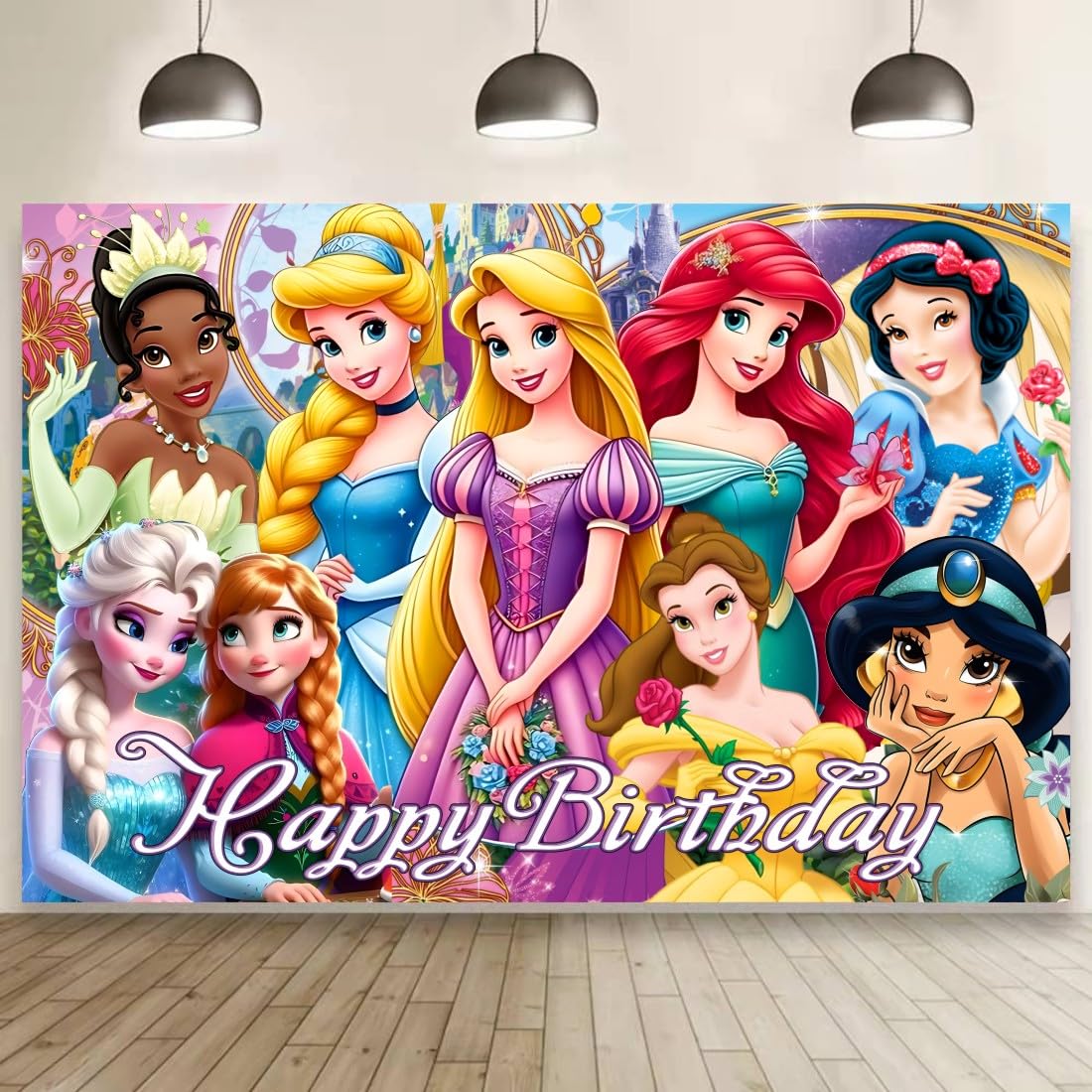 CICICO Princess Wall Decor Backdrop for Princess Themed Birthday Decorations, Green Polyester Banner for Birthday Party Supplies (5x3ft)