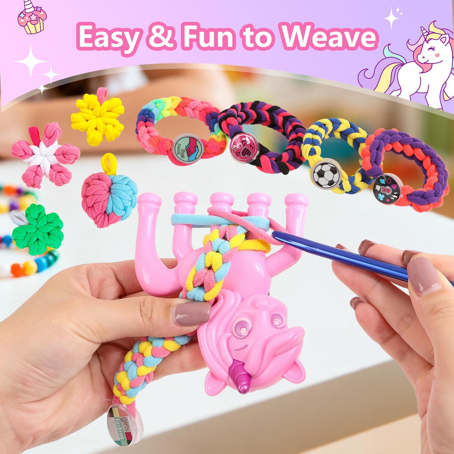 Bracelet Making Kit Gift for Girls Ages 8-12, 1200 Colorful Elastic Cloth Rubber Loom Bands Weaving Loom Bracelet Kit DIY Arts and Crafts Kit Toys
