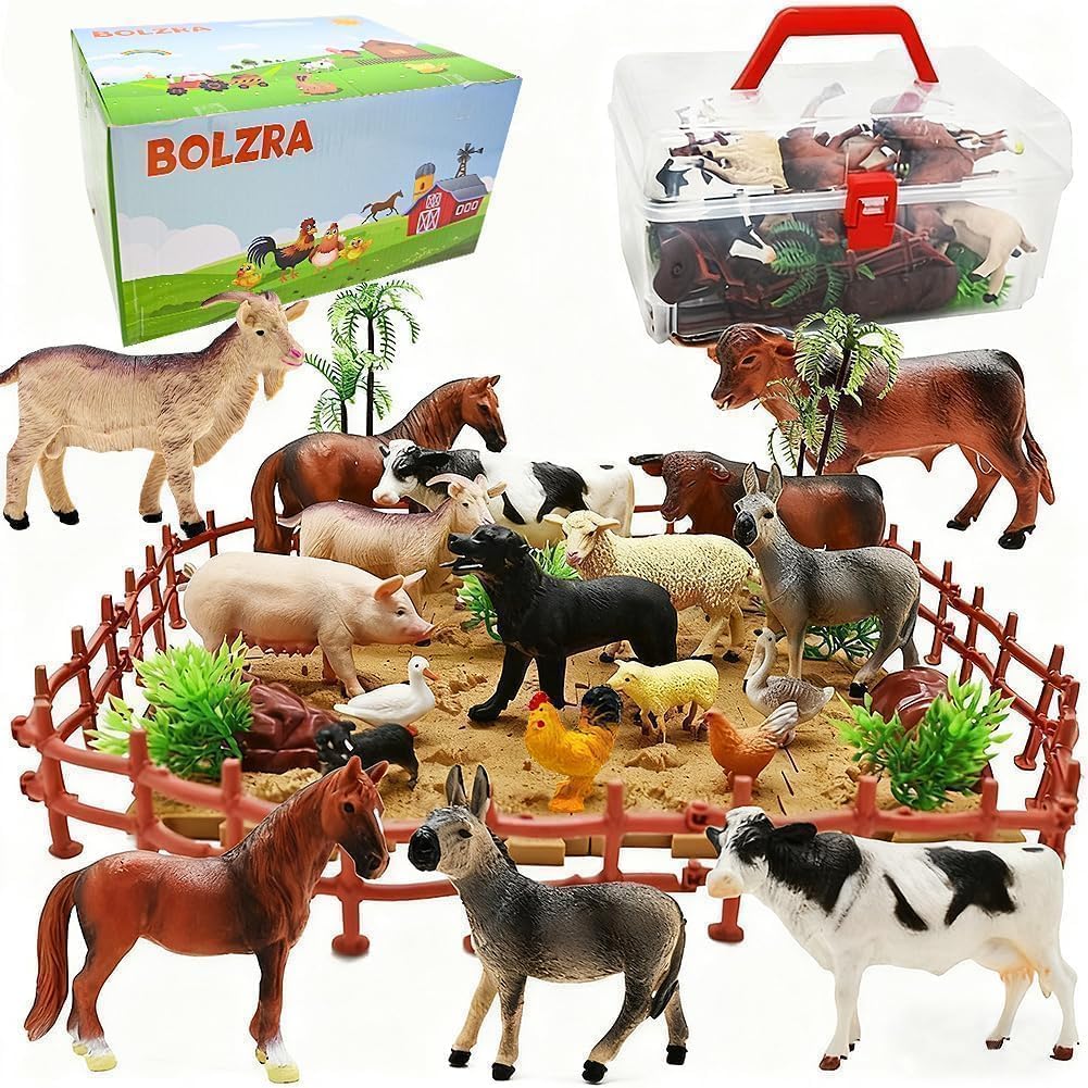 BOLZRA Farm Animal Figurines, Realistic Plastic Animals Toys with Fences Building Blocks, Farm Figures Playset Educational Christmas Birthday Gift