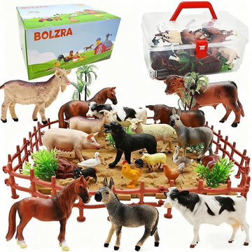 BOLZRA Farm Animal Figurines, Realistic Plastic Animals Toys with Fences Building Blocks, Farm Figures Playset Educational Christmas Birthday Gift