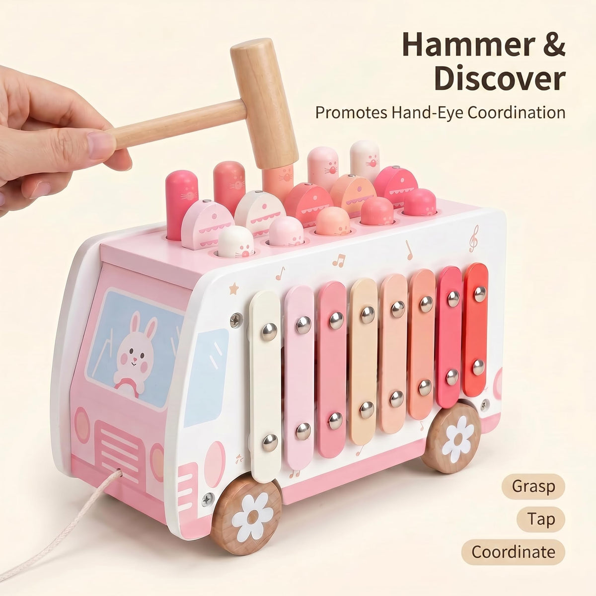 Thirrni 5-in-1 Wooden Montessori Toy for Toddlers 1-3, Pounding, Xylophone, Magnetic Fishing, Gear and Push Car Activity Toy for Learning and Fine
