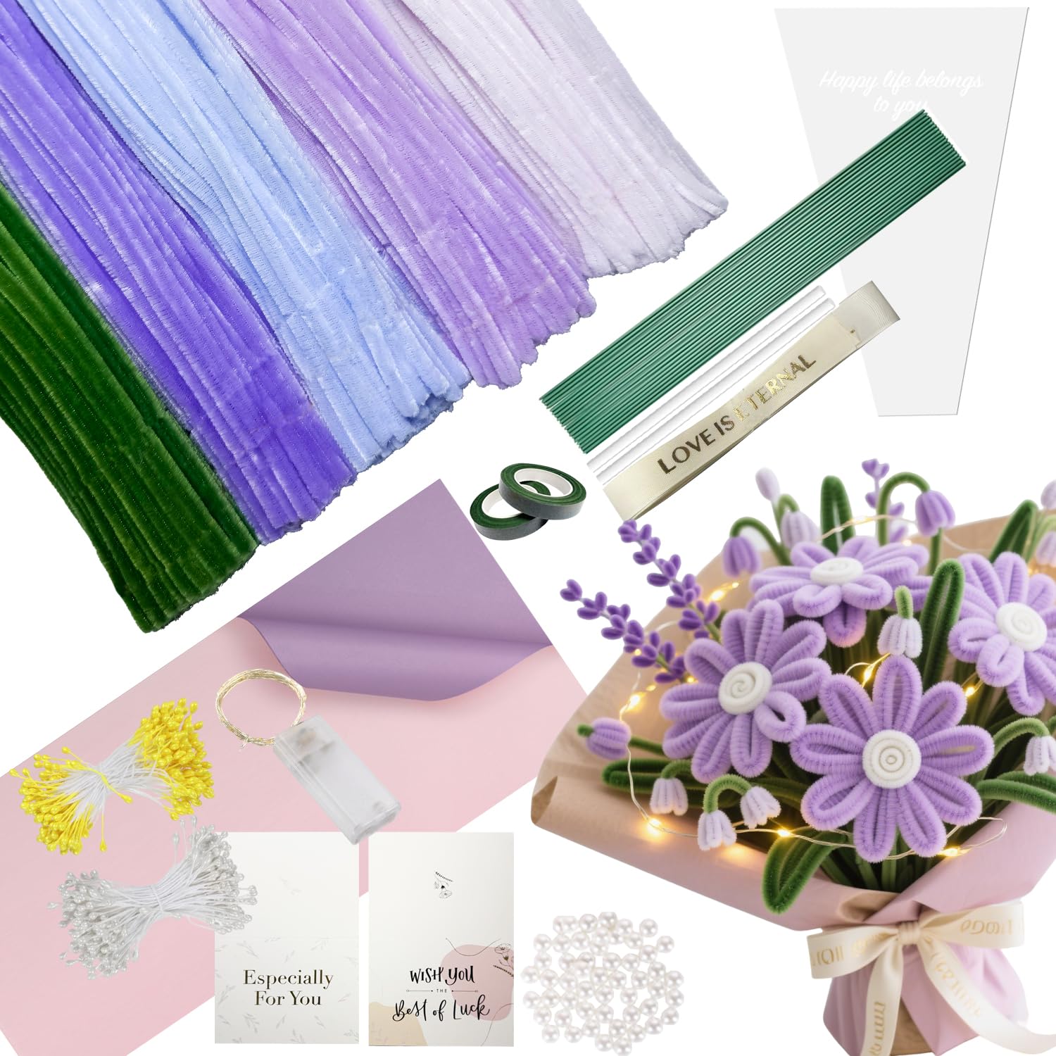 500 Pcs Pipe Cleaners Flower Making Kit with LED Light - Chenille Stems Set w/Floral Wire, Floral Stamens, Craft Wire, Tape & Ribbon for Light Up