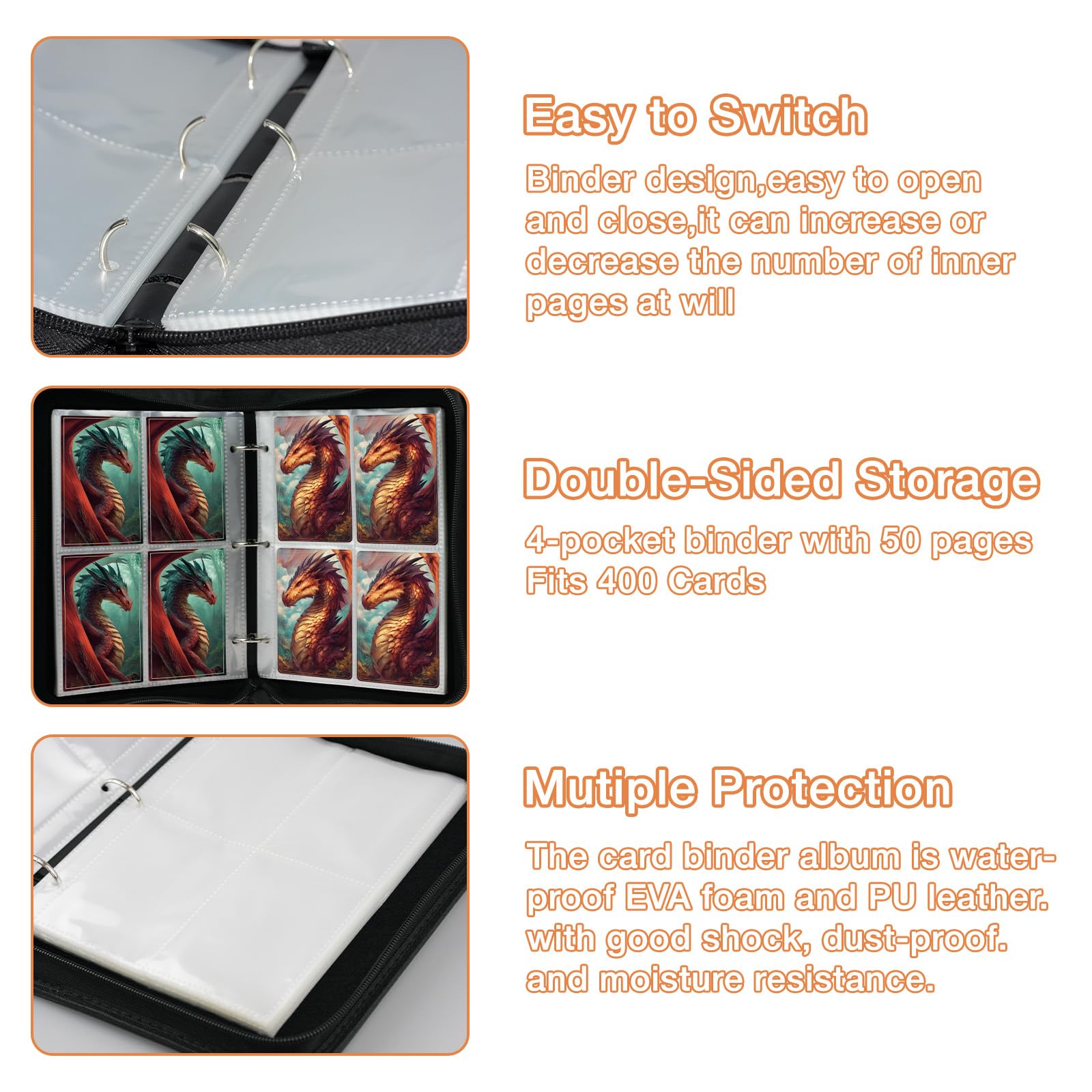 Trading Card Binder 4 Pocket, Fits 400 Cards with 50 Removable Sleeves, Portable TCG Album Folder for Standard Size Game Cards, Sports Card Holder