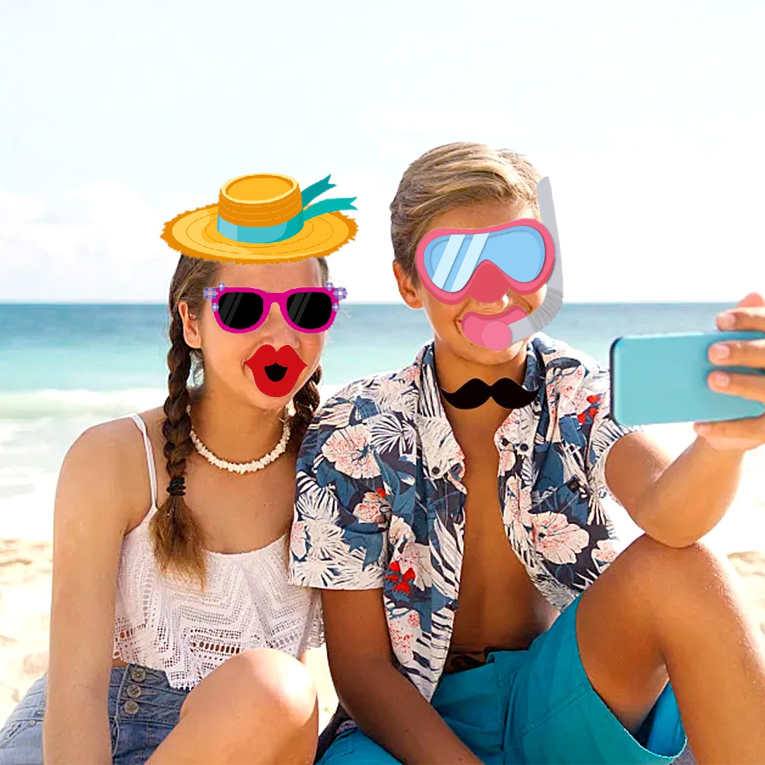 OURUOLA Summer-Hawaiian Luau Beach Party-Decorations Photo Booth - 25pcs DIY Props,Tropical Aloha Flamingo Glasses Photography Decor, Kid Adult Beach