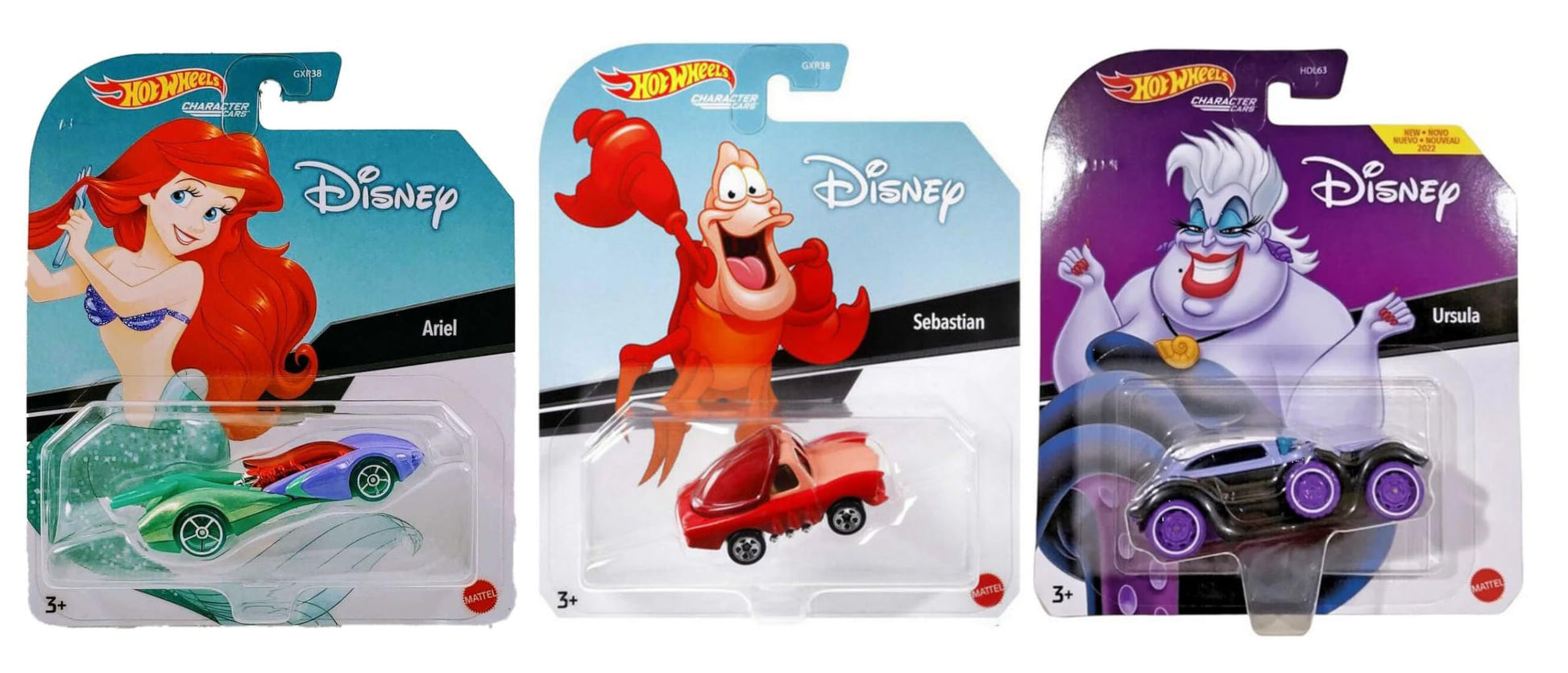Hot Wheels Disney Character Cars Collection, The Little Mermaid Set of 3 Die-Cast Vehicles, Ages 3+