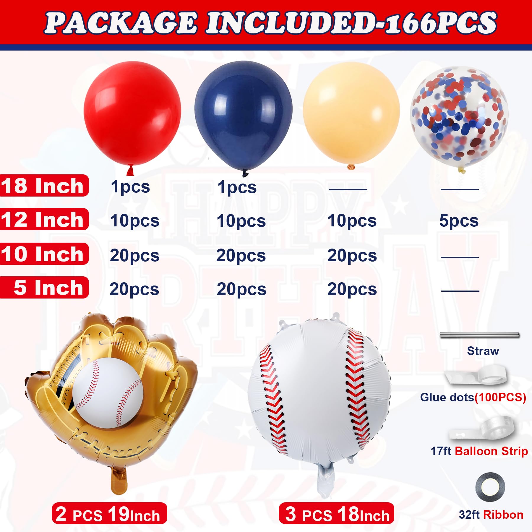 Baseball Balloon Arch Garland Kit,166Pcs Navy Blue Red Nude and Confetti Balloon with Baseball Foil Balloons for Summer Birthdays Party,Sports Theme