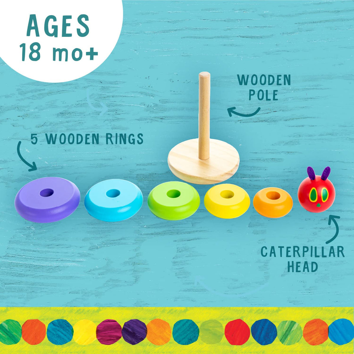 World of Eric Carle, The Very Hungry Caterpillar Wooden Stacker with Colorful Rainbow Rings, 7 Inch Stacking Solid Wood Educational Developmental Toy