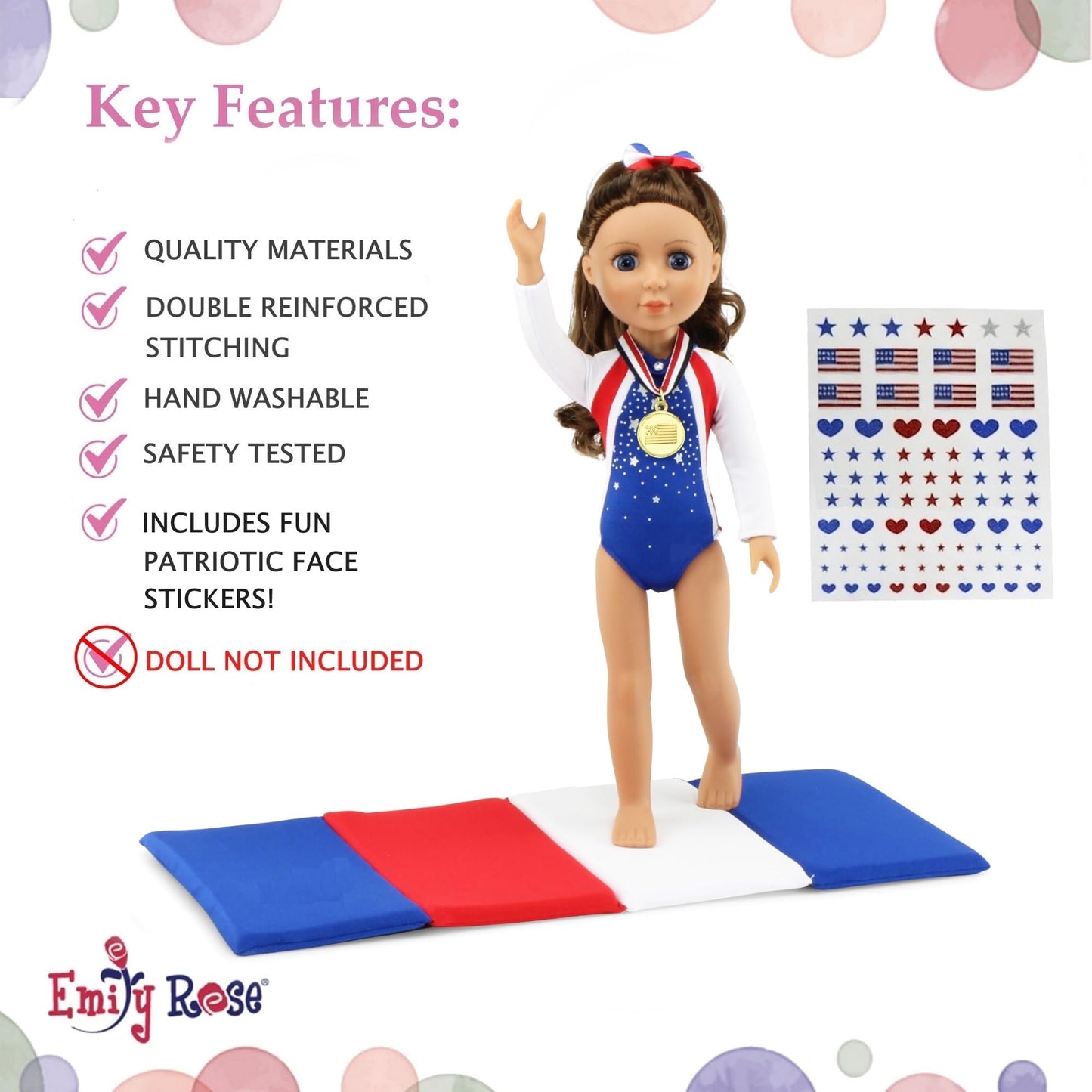 Emily Rose 14" Doll 5-PC Gymnastics Outfit Set with Bejeweled Leotard, Winner Medal & Reusable Stickers | Padded Mat & Hair Tie | Fits WellieWishers &