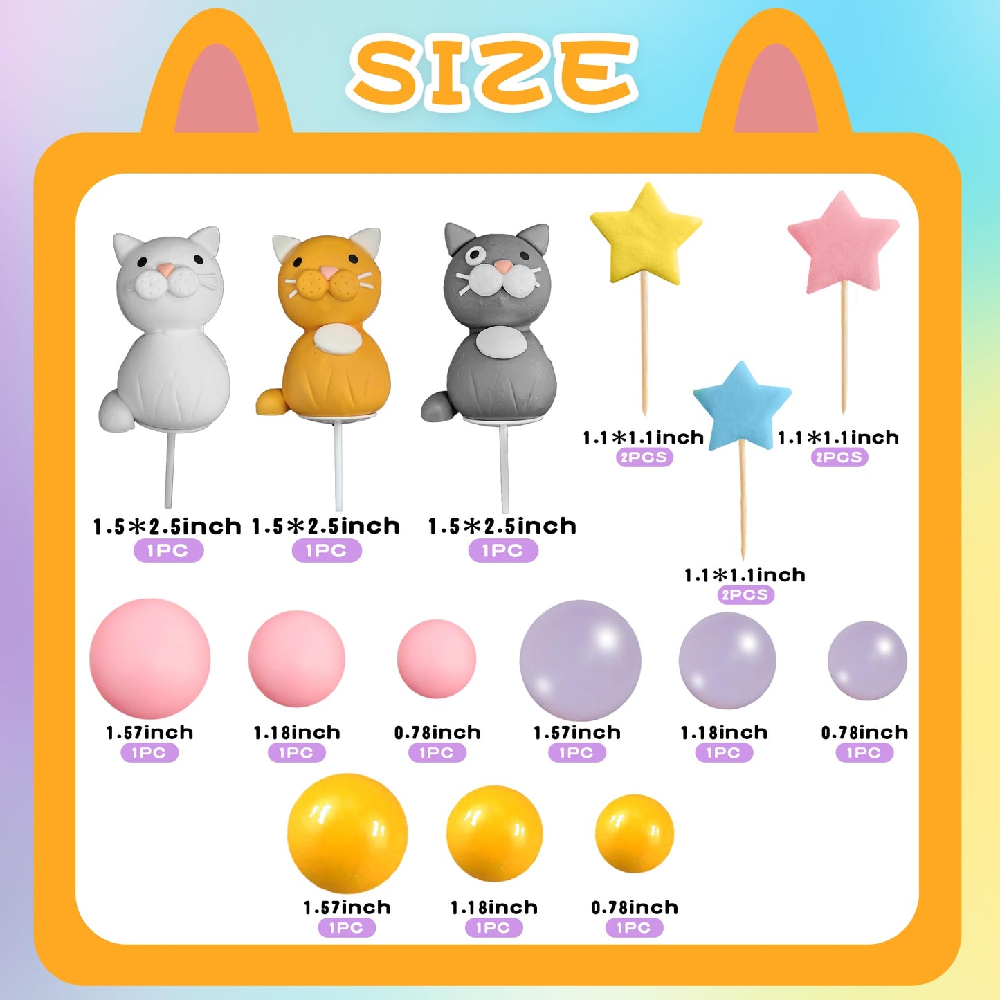 Cat Cake Toppers Clay Figurines Yellow Pink Purple Ball Cake Decorations for Cat Theme Birthday (Style 01)
