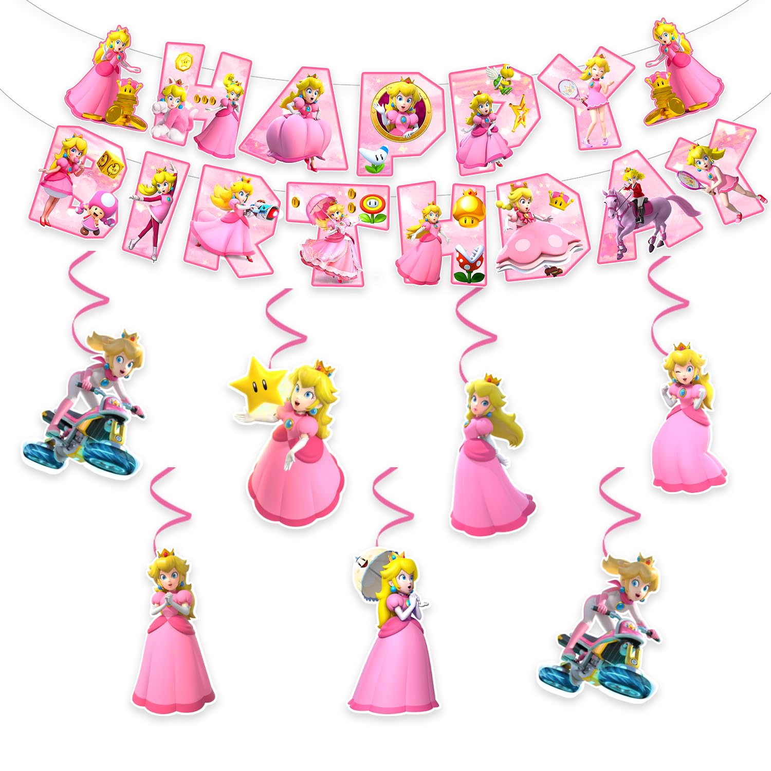13Packs Princess Peach party supplies Include 12 pcs Hanging Swirls and 1 Happy Birthday Banner for Princess Peach party Decoration