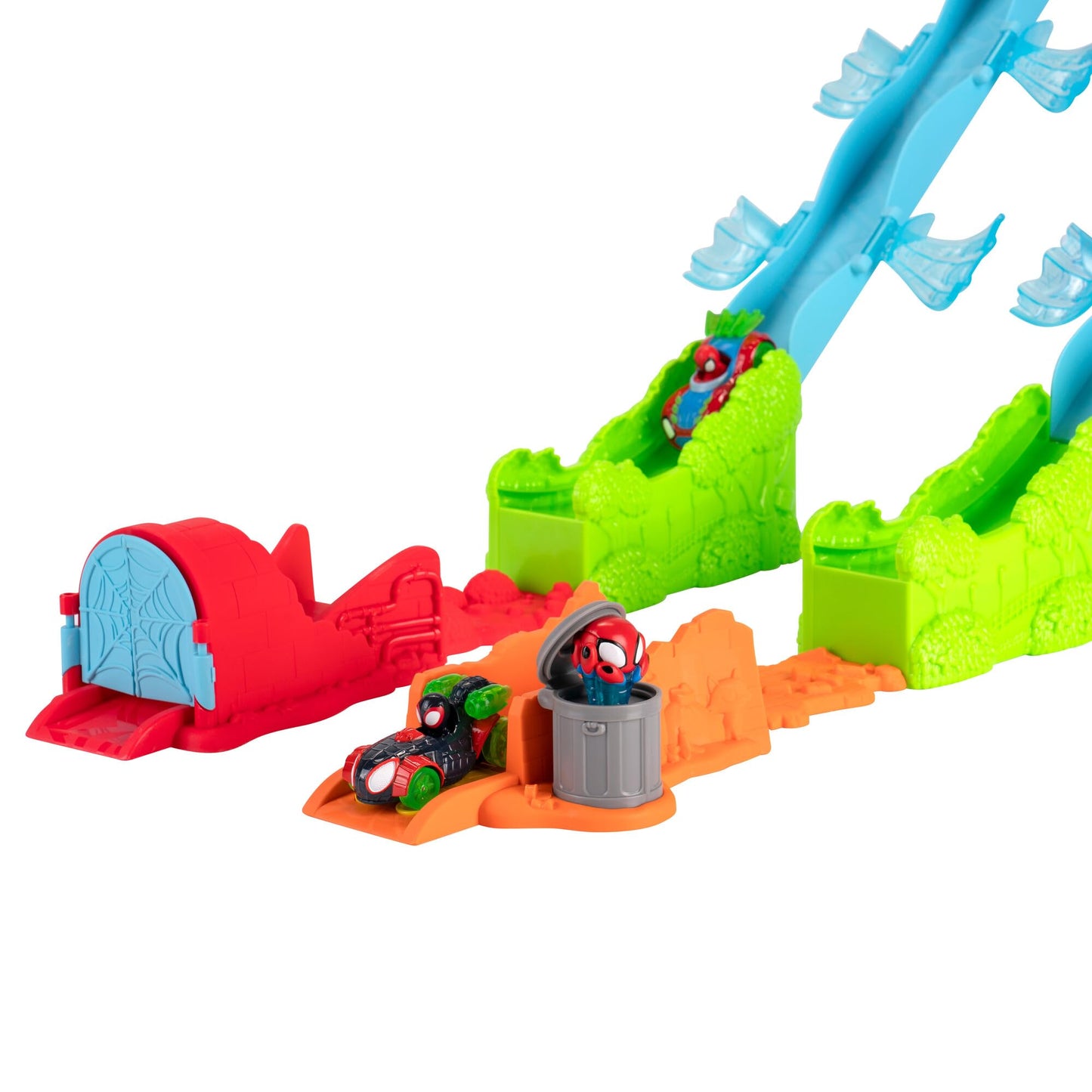 Marvel Spidey and His Amazing Friends Spidey’s Mega Jump HQ Track - 39-Inch Dual Race Track with Elevator, Control Center, Web Tunnels and Two