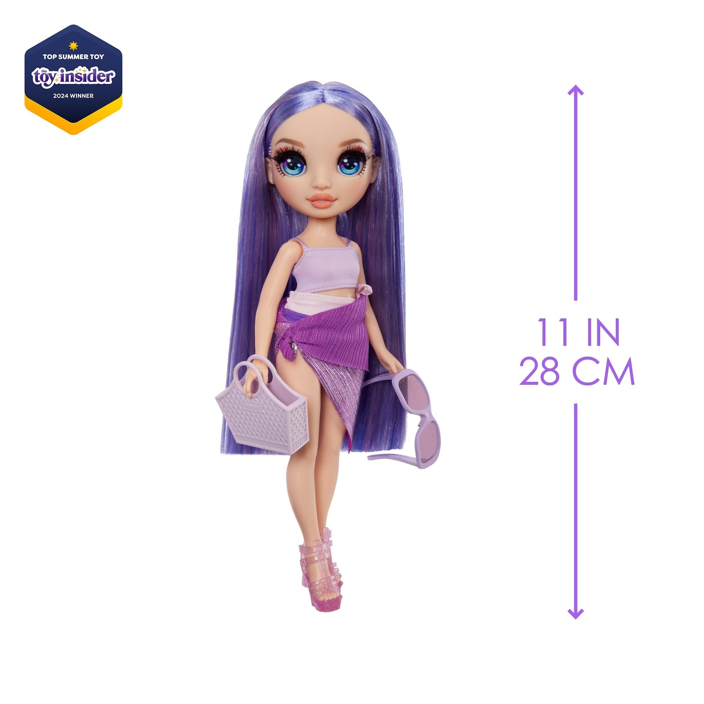 Rainbow High Swim & Style Violet, Purple 11" Fashion Doll with Shimmery Wrap to Style 10+ Ways, Removable Swimsuit, Sandals, Fun Play Accessories