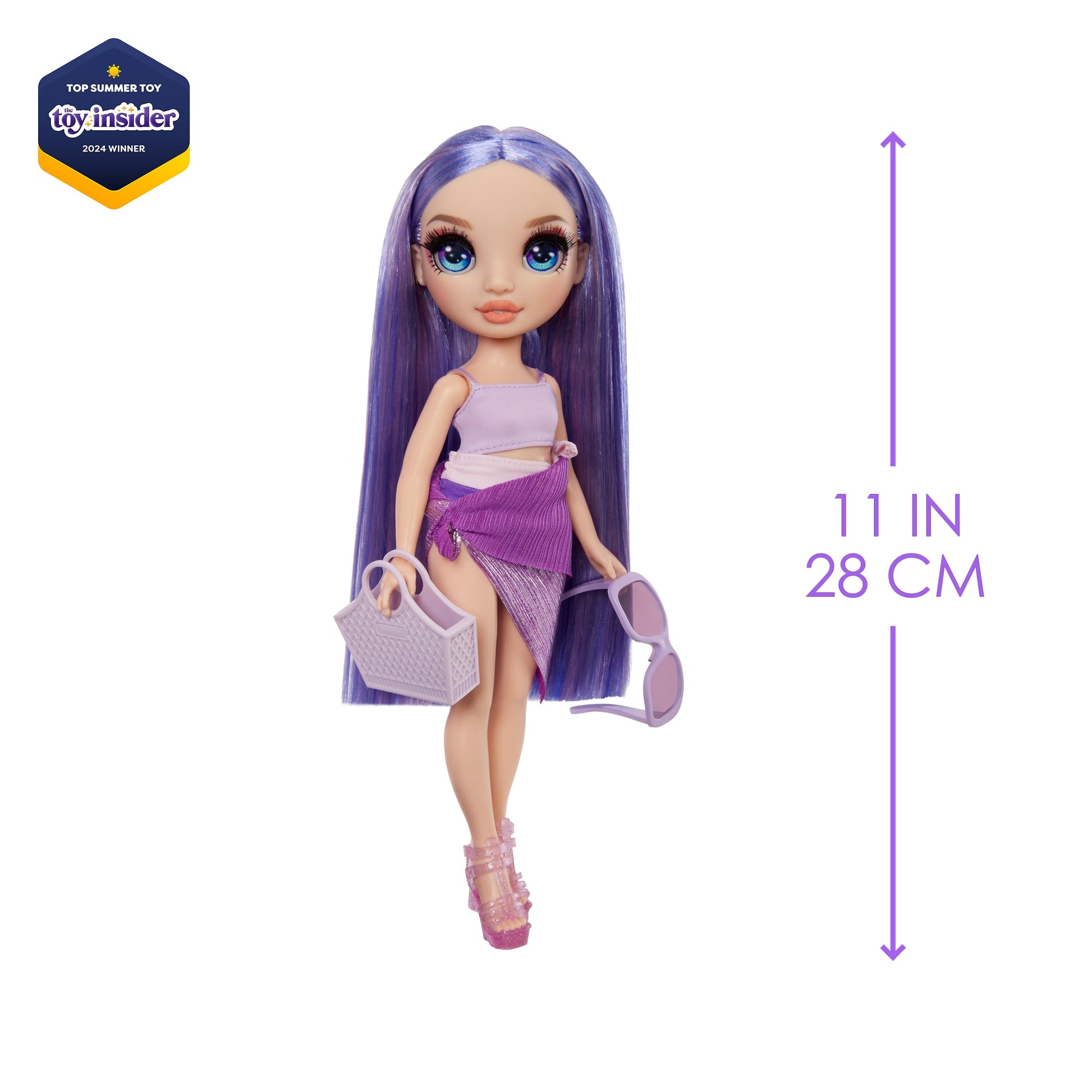 Rainbow High Swim & Style Violet, Purple 11" Fashion Doll with Shimmery Wrap to Style 10+ Ways, Removable Swimsuit, Sandals, Fun Play Accessories