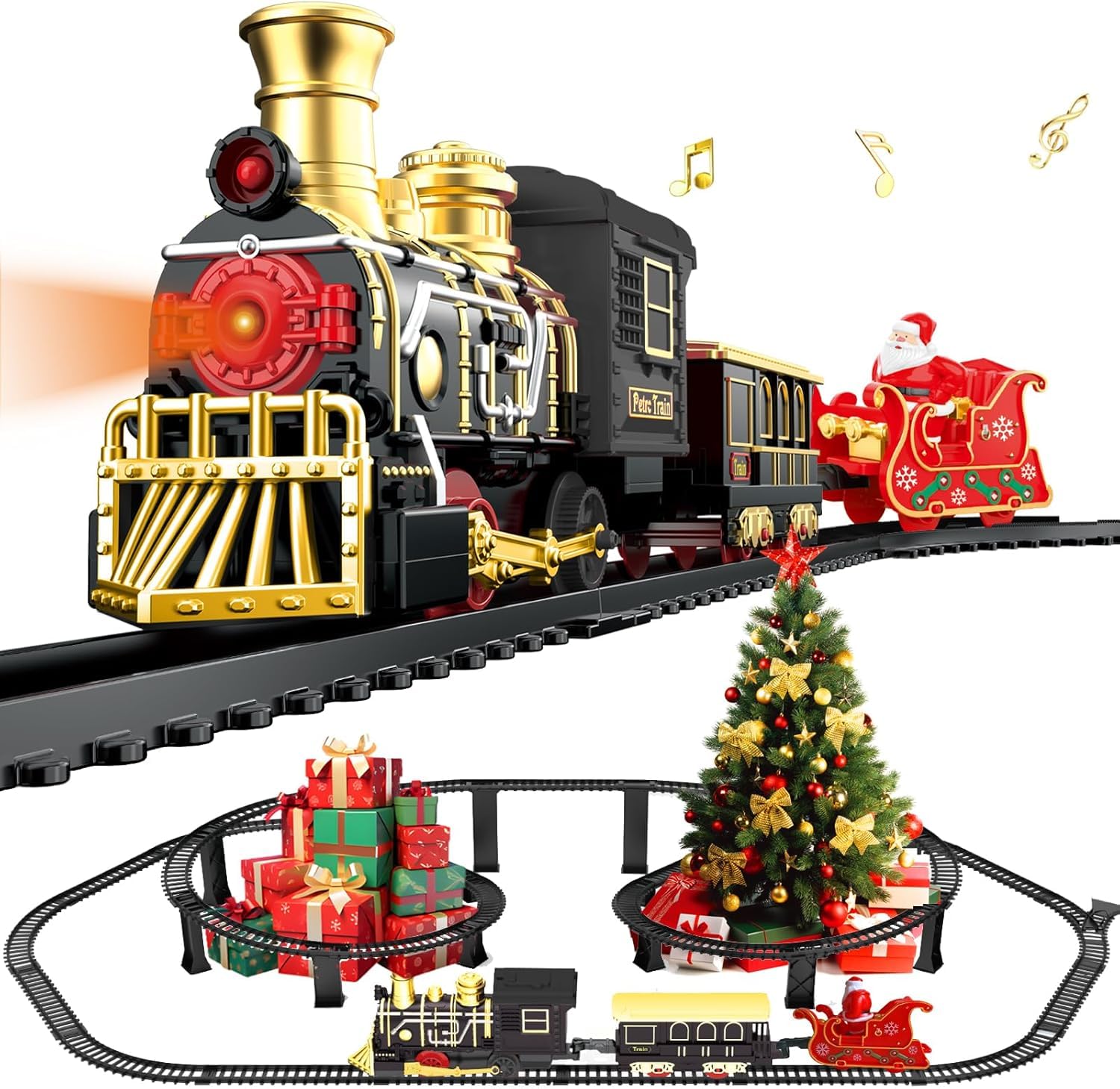 Electric Train Set with 3D Elevated Tracks Music, Locomotive Passenger Carriages, Lights & Quiet Mode Christmas Train for Kids Birthday Gift Holiday