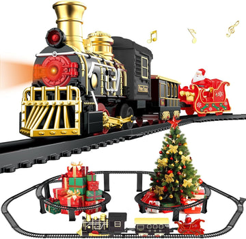 Electric Train Set with 3D Elevated Tracks Music, Locomotive Passenger Carriages, Lights & Quiet Mode Christmas Train for Kids Birthday Gift Holiday