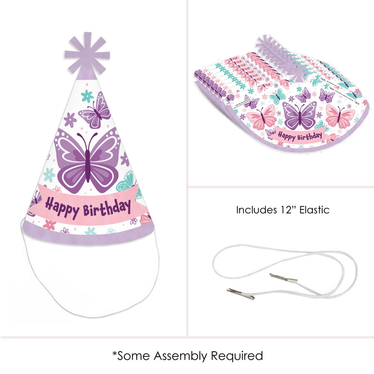 Big Dot of Happiness Beautiful Butterfly - Cone Happy Birthday Party Hats for Kids and Adults - Set of 8 (Standard Size)