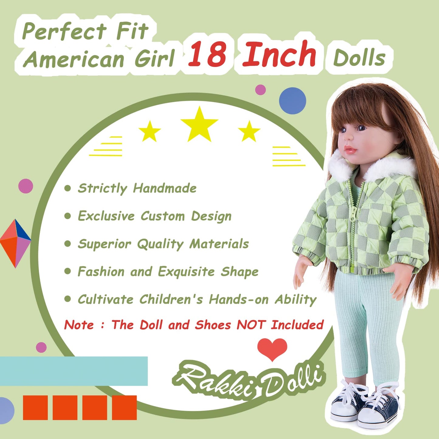 Rakki Dolli Doll Clothes 3 Pc. Set Light Green Grey Plaid Hooded Thick Coat Checkerboard Jacket with Long Sleeve, Warm Doll Outfit Hoodie Snowsuit