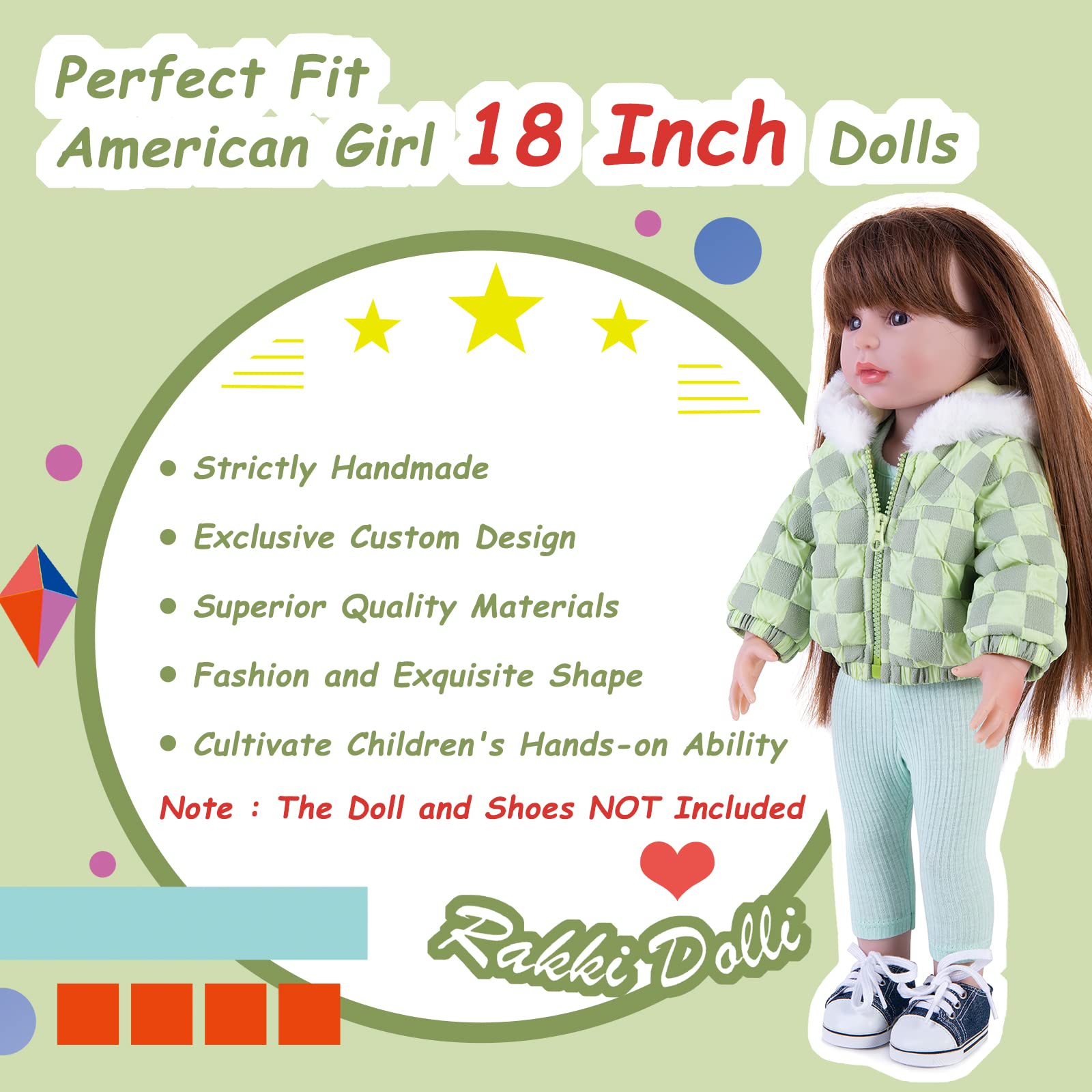 Rakki Dolli Doll Clothes 3 Pc. Set Light Green Grey Plaid Hooded Thick Coat Checkerboard Jacket with Long Sleeve, Warm Doll Outfit Hoodie Snowsuit