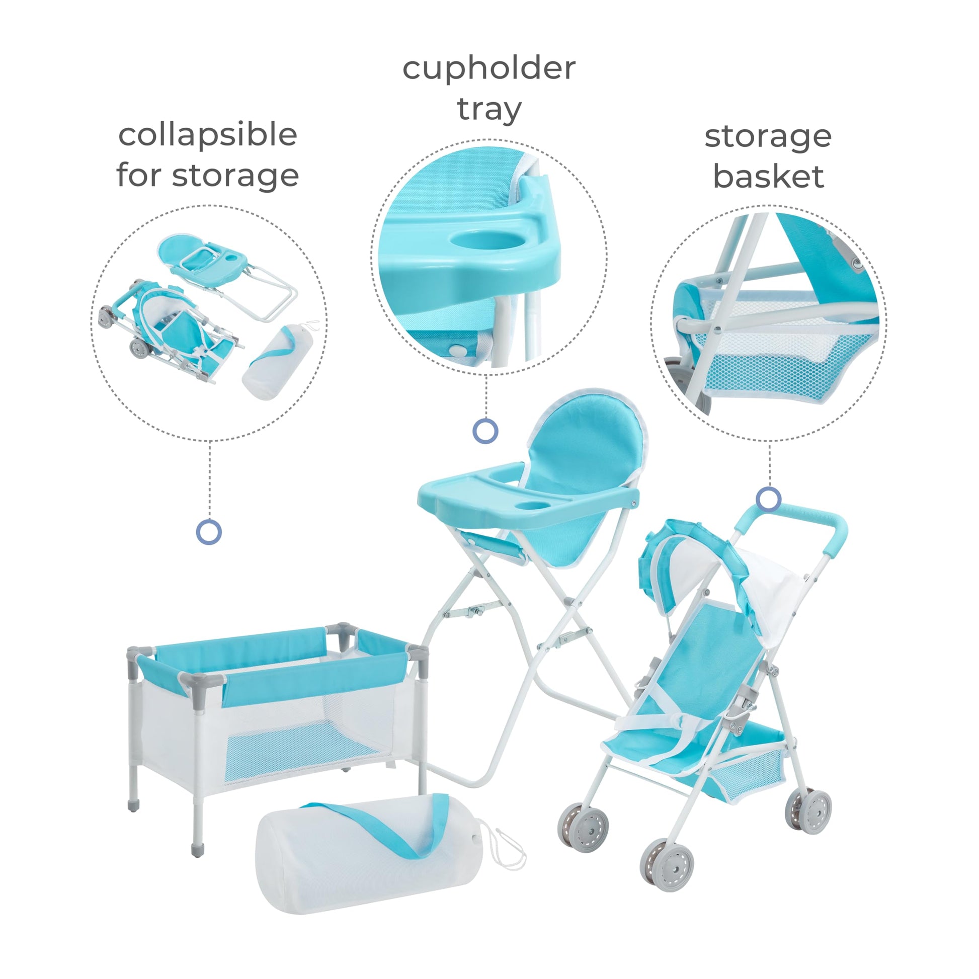 Olivia's Little World Baby Doll 3pc Nursery Set - Crib, High Chair & Stroller, Blue & White