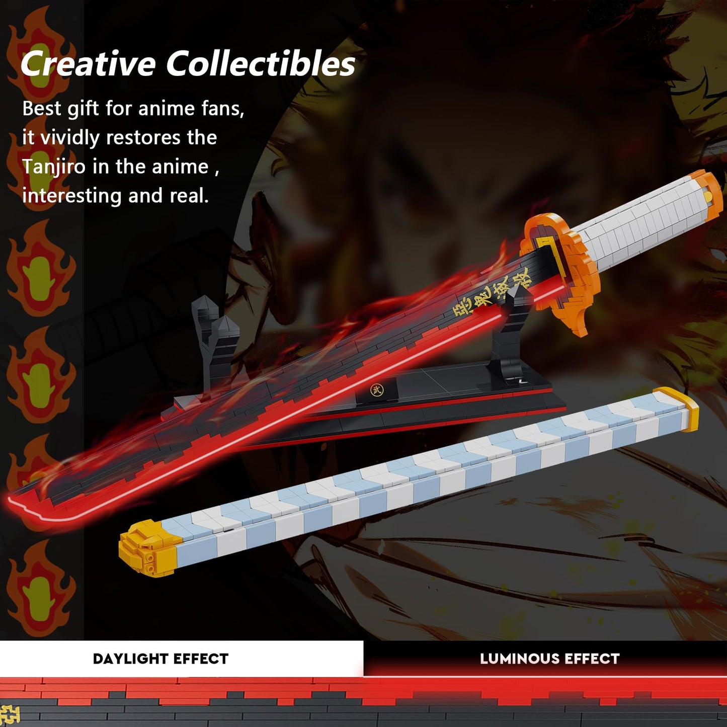 HIGH GODO Demon Anime Sword Building Set, 27in Rengoku Kyoujurou Sword Building Block with Scabbard and Stand, Cosplay Anime Sword Set for Adults