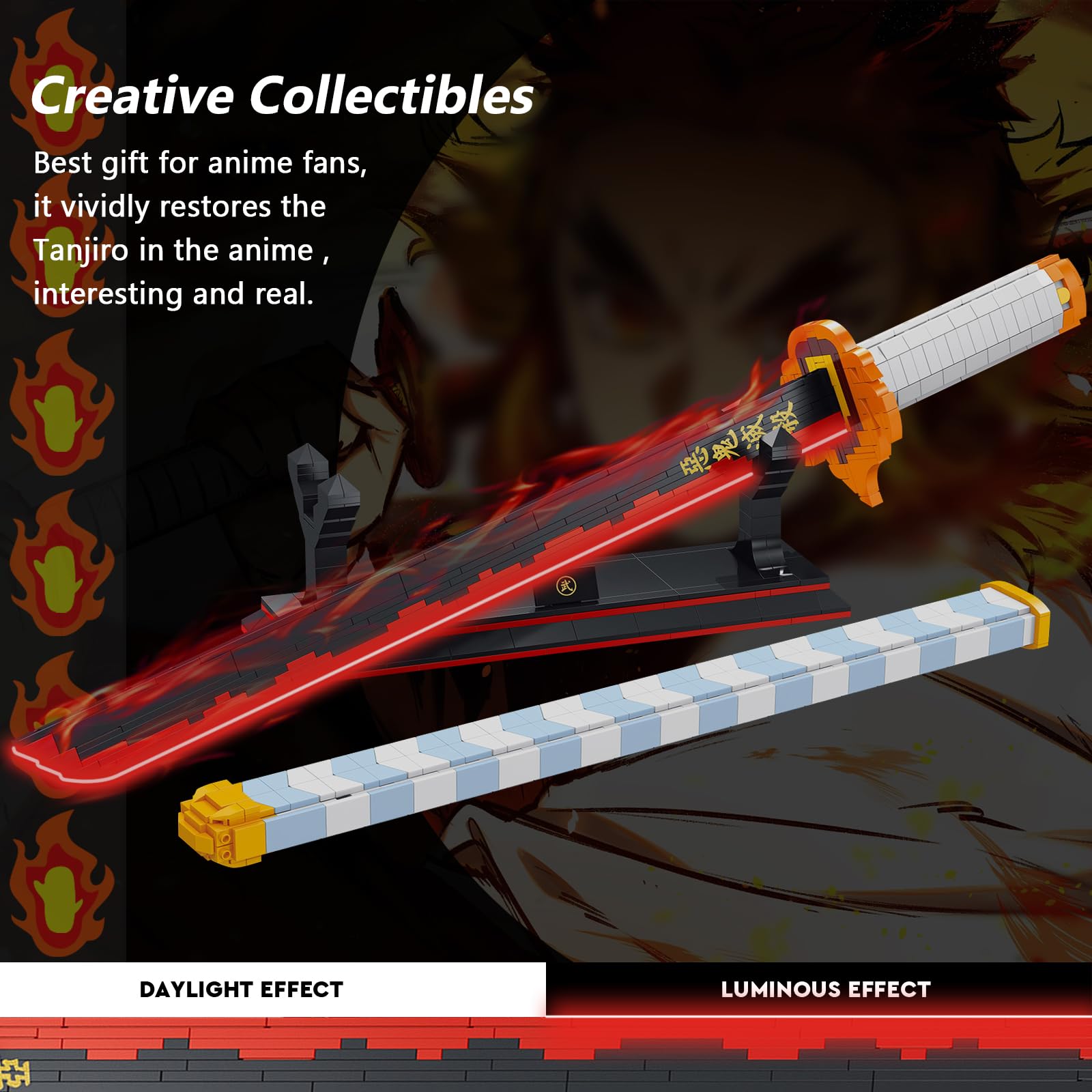HIGH GODO Demon Anime Sword Building Set, 27in Rengoku Kyoujurou Sword Building Block with Scabbard and Stand, Cosplay Anime Sword Set for Adults