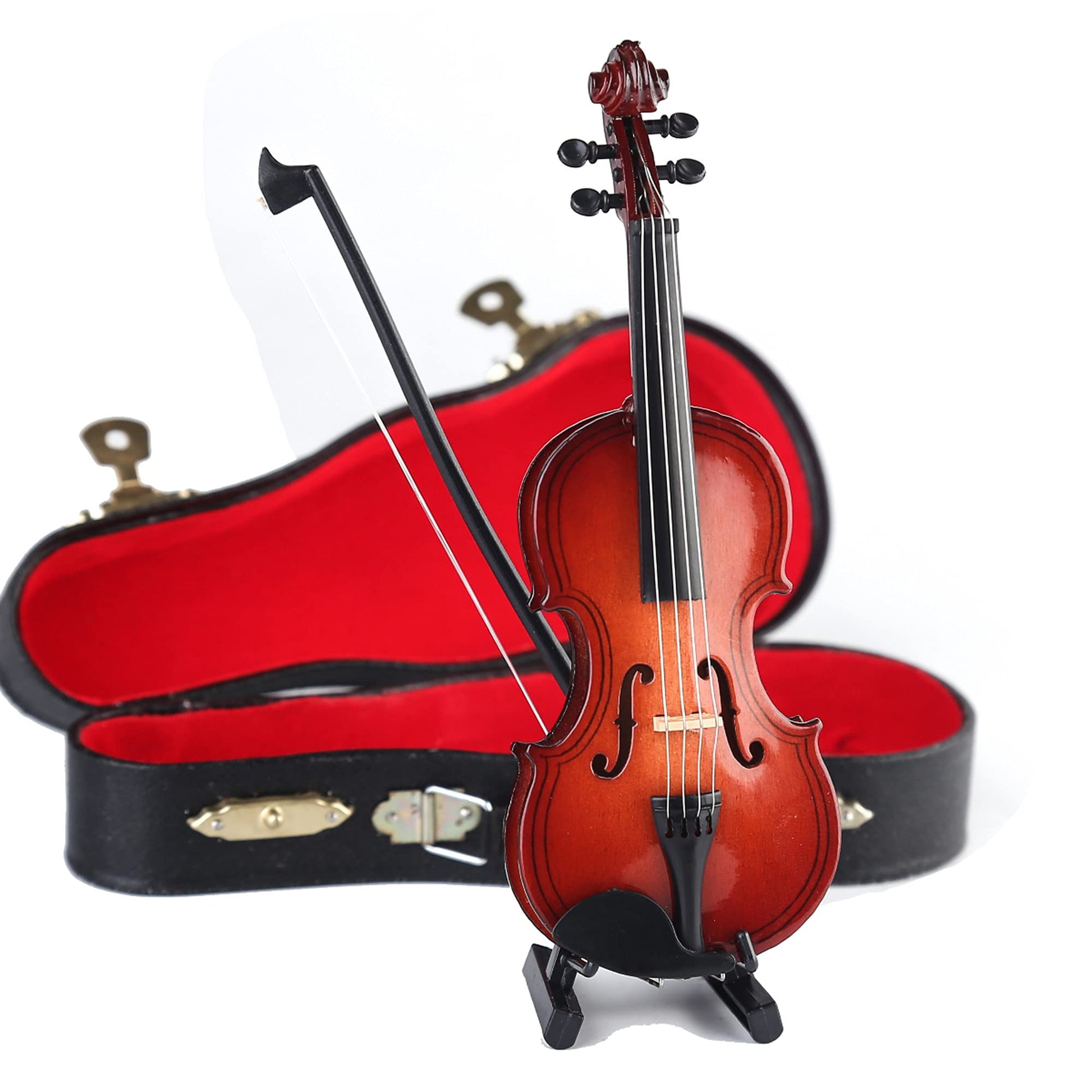 Dselvgvu Wooden Miniature Violin with Stand, Bow and Case Mini Violin Musical Instrument Replica Collectible Figurines Collection Decorative Ornament