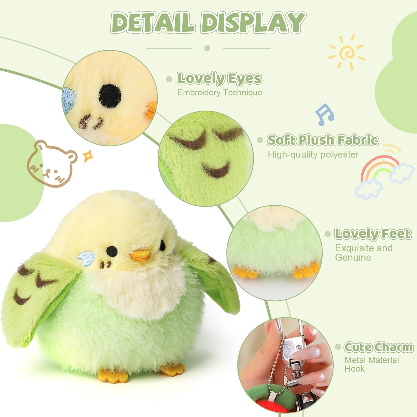 ABEARCAR 3.9 inches Parakeet Plush Toy Bird Stuffed Animal Plush Toy Holder Bag Pendant Party Christmas Birthday Valentine's Day Gifts Toys for Kids