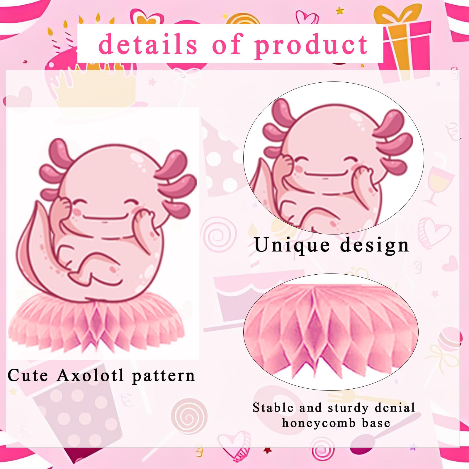 12Pcs Axolotl Happy Birthday Honeycomb Centerpiece Pink Glitter Aquatic Creature Pretty Hexagonal Dinosaur Party Decoration Coral Ocean Sea Fish