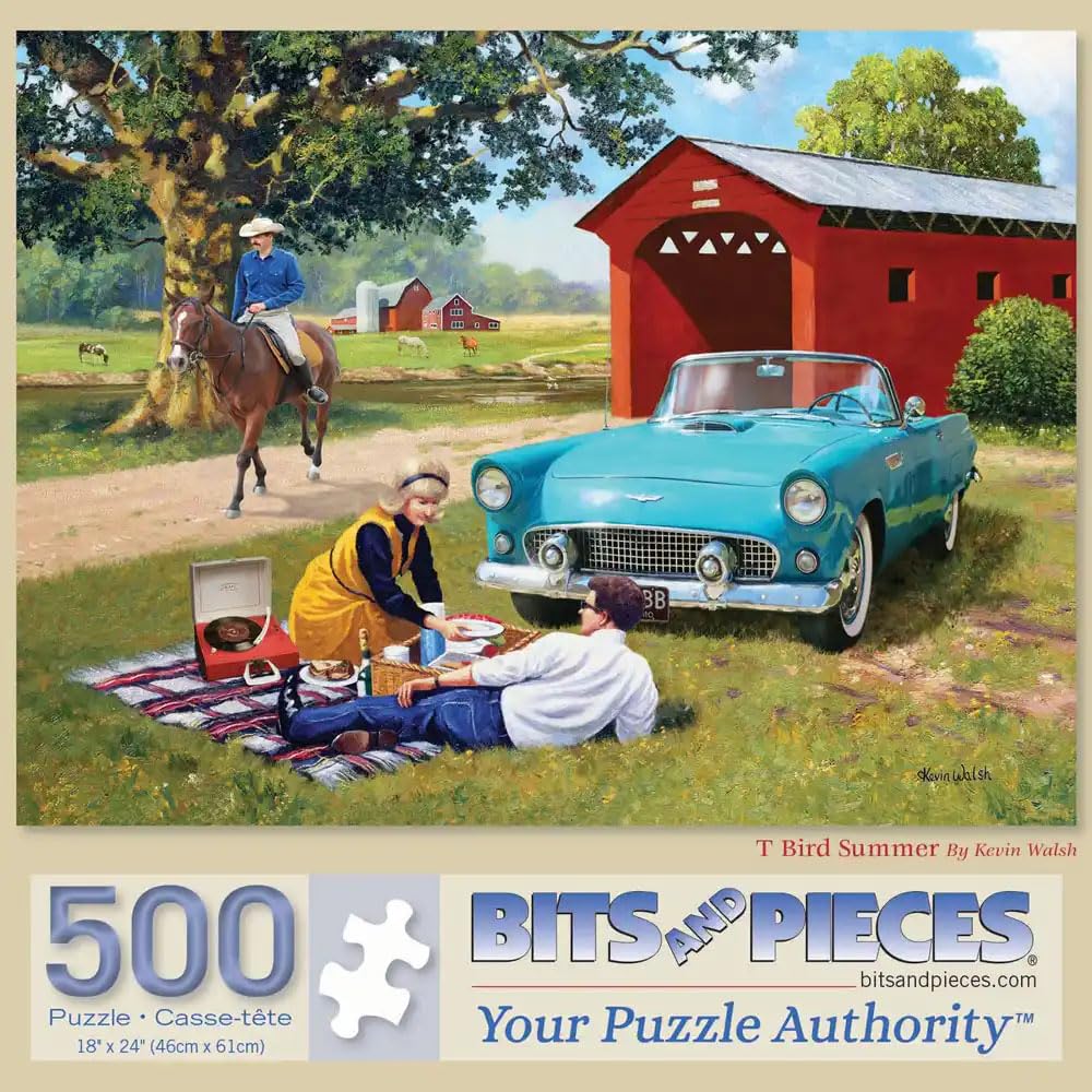 Bits and Pieces - 500 Piece Jigsaw Puzzle for Adults 18" x 24" - T Bird Summer - 500 pc Romantic Couple Picnic Country Dirt Road Horse Bridge Farm