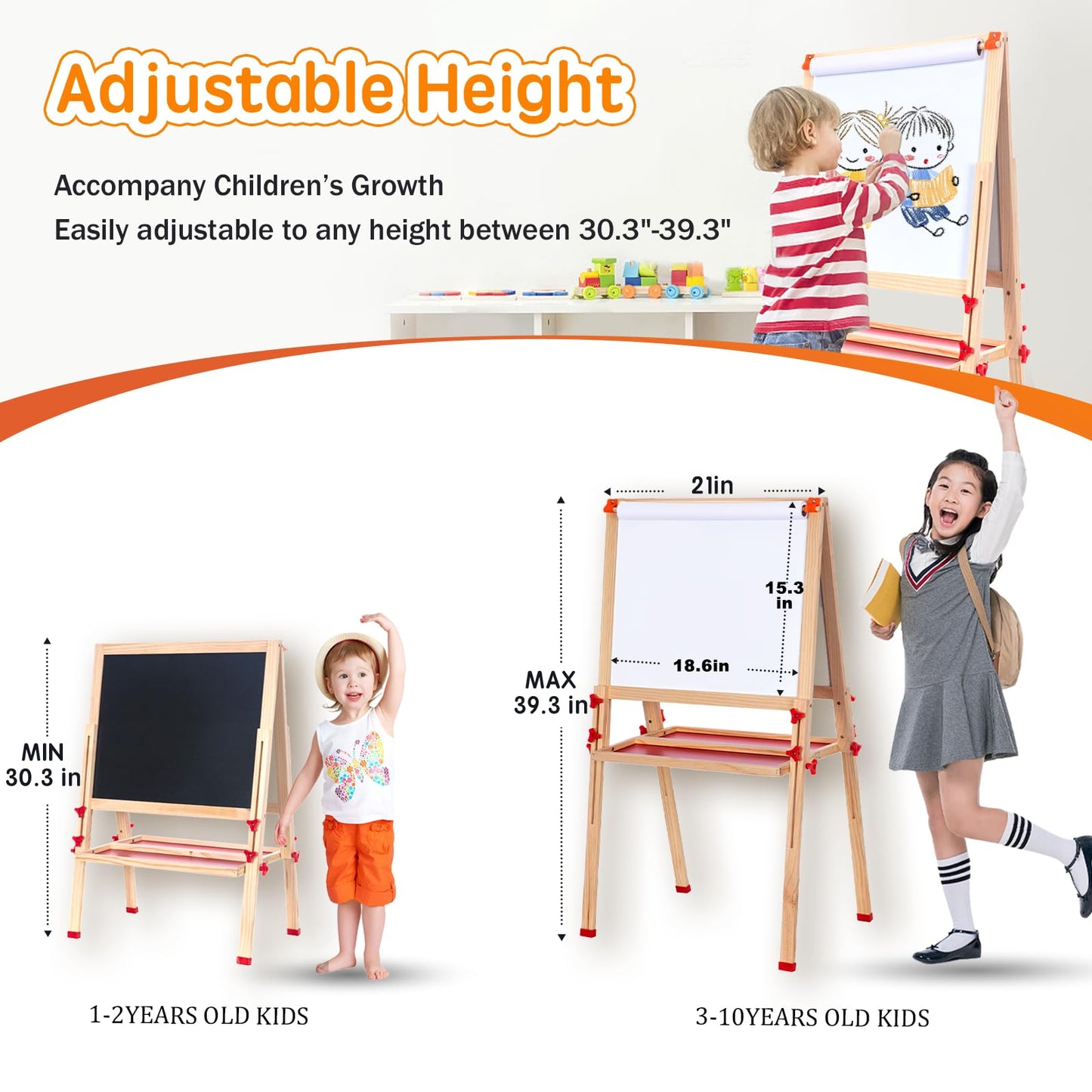Wooden Adjustable Easel for Kids, Quick-Fold Kids Easel with Paper Roll&Accessories, Double Sided Painting Easels for Toddlers 3,4,5,6,7,8,9,10 Years