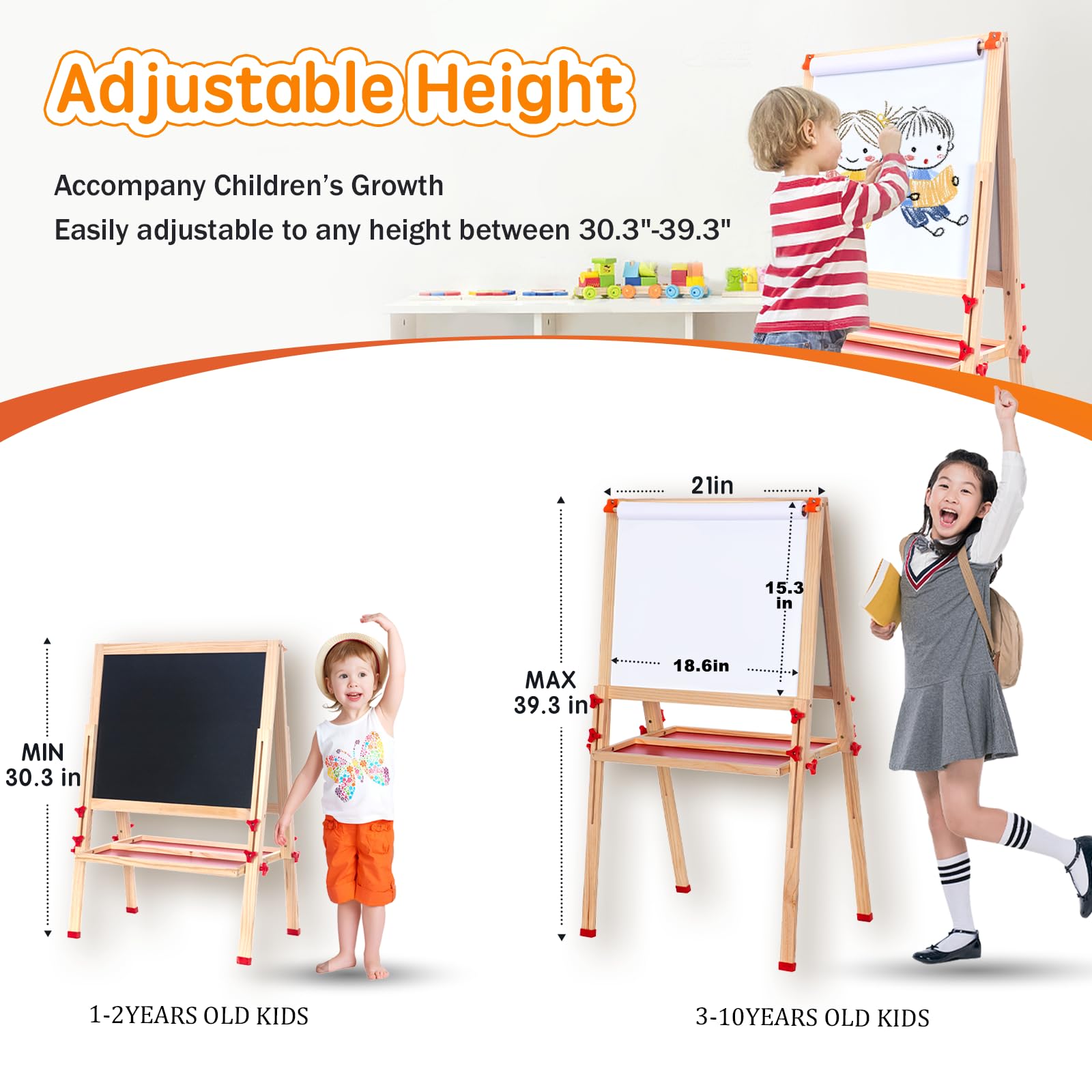 Wooden Adjustable Easel for Kids, Quick-Fold Kids Easel with Paper Roll&Accessories, Double Sided Painting Easels for Toddlers 3,4,5,6,7,8,9,10 Years
