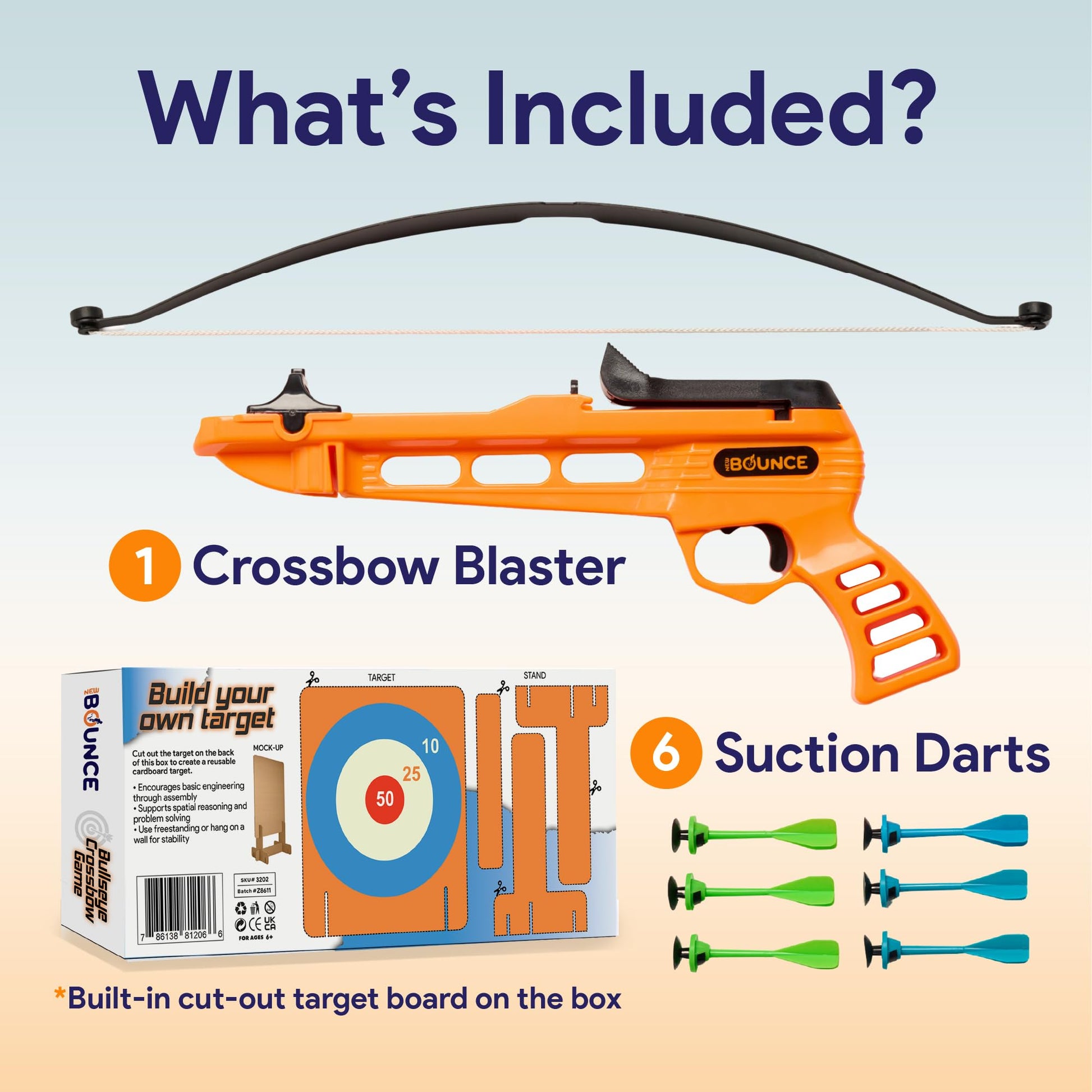 New Bounce Bullseye Crossbow Game - Kids Target Shooting Toy with 6 Suction Darts, Indoor & Outdoor Archery Fun, Improves Focus & Coordination, 1-2