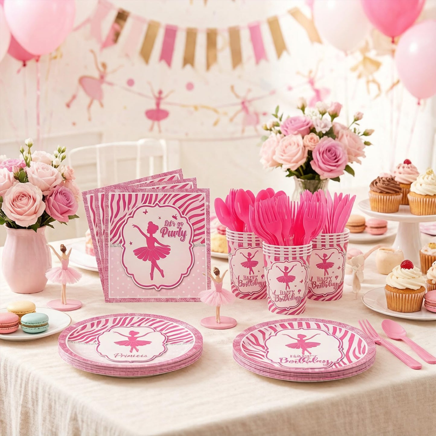 Pink Princess Party Supplies Kit for 24 Guests - 168 Pcs Disposable Tableware Set Includes Plates, Napkins, Cups & Cutlery for Girls Birthday Party