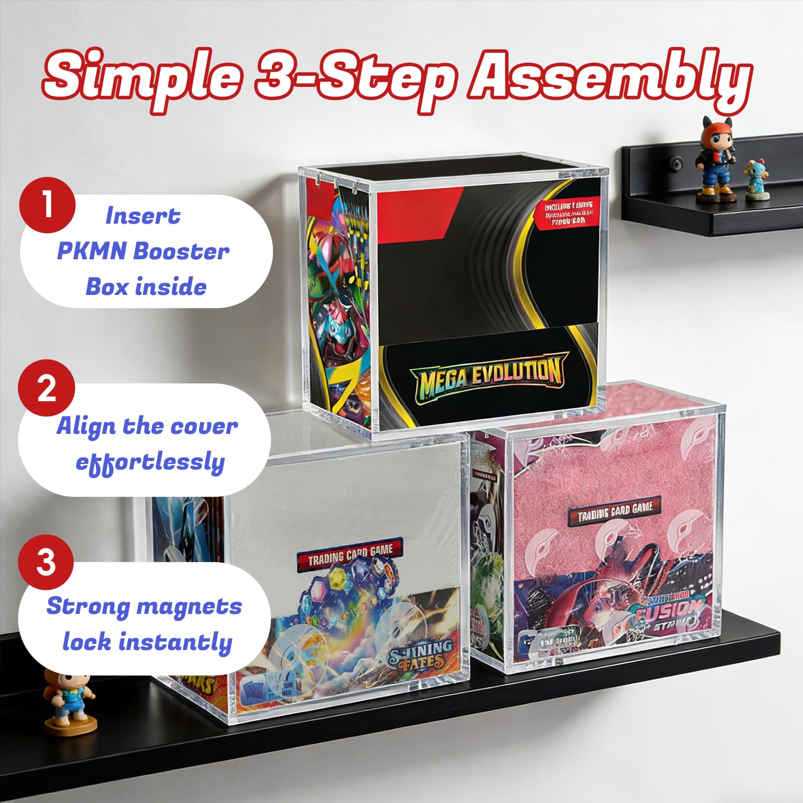 Booster Box Acrylic Case 3 Pack - Magnetic Lid Clear Display Protector, 8MM Thick Acrylic Protective UV Resistant Storage Compatible with PKMN Booster