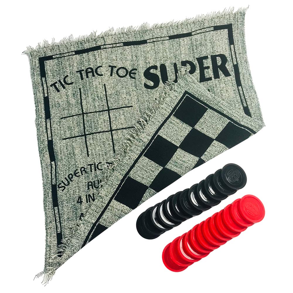 YH Poker 3 in 1 Giant Checkers Set and Tic Tac Toe Game with Reversible Rug - Indoor and Outdoor Board Game for Family, Great for Camping, Backyard