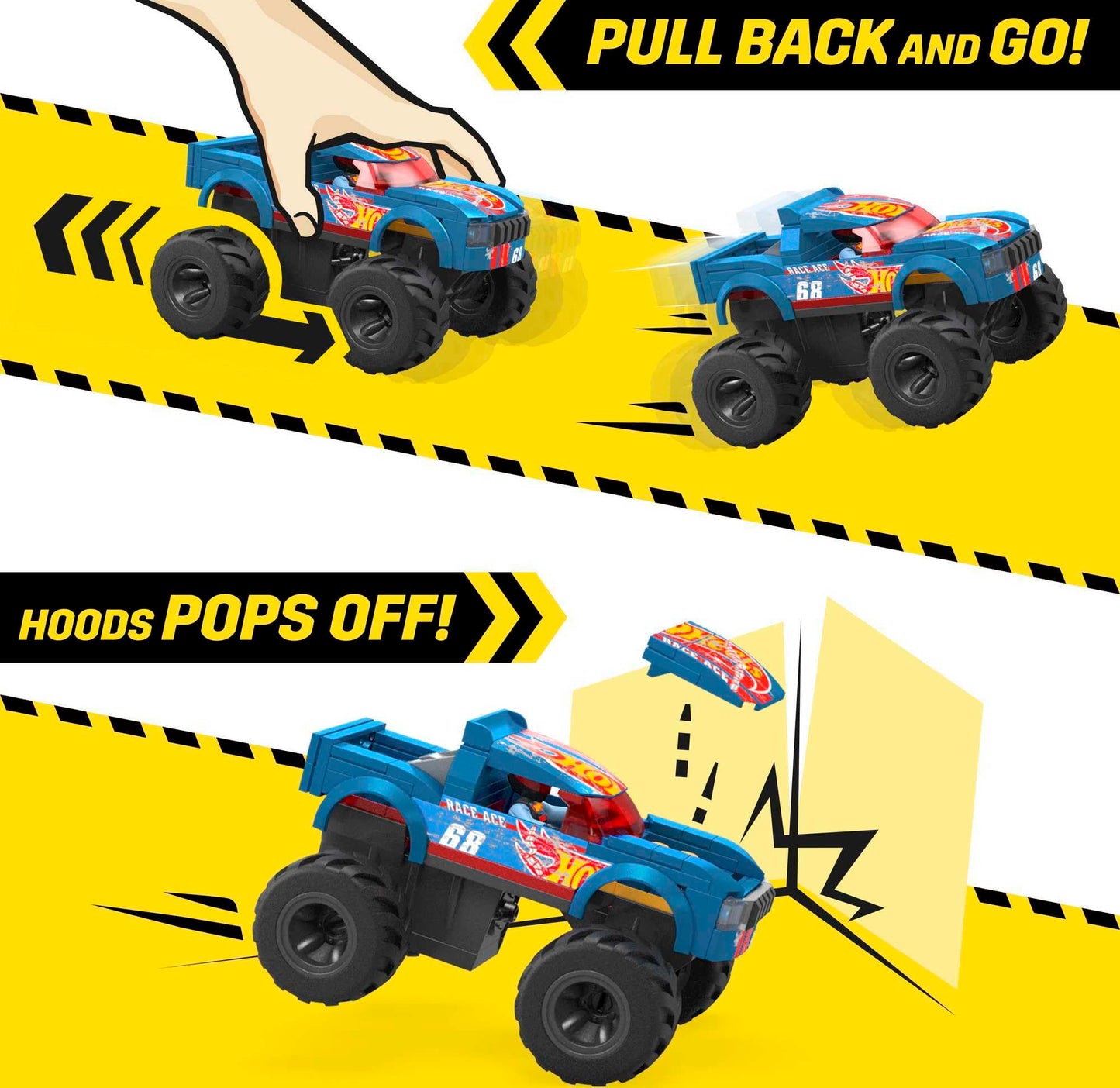 MEGA Hot Wheels Monster Trucks Toy Car Building Set, Smash & Crash Race Ace with 85 Pieces, 1 Micro Action Figure Driver, Blue, Kids Age 5+ Years