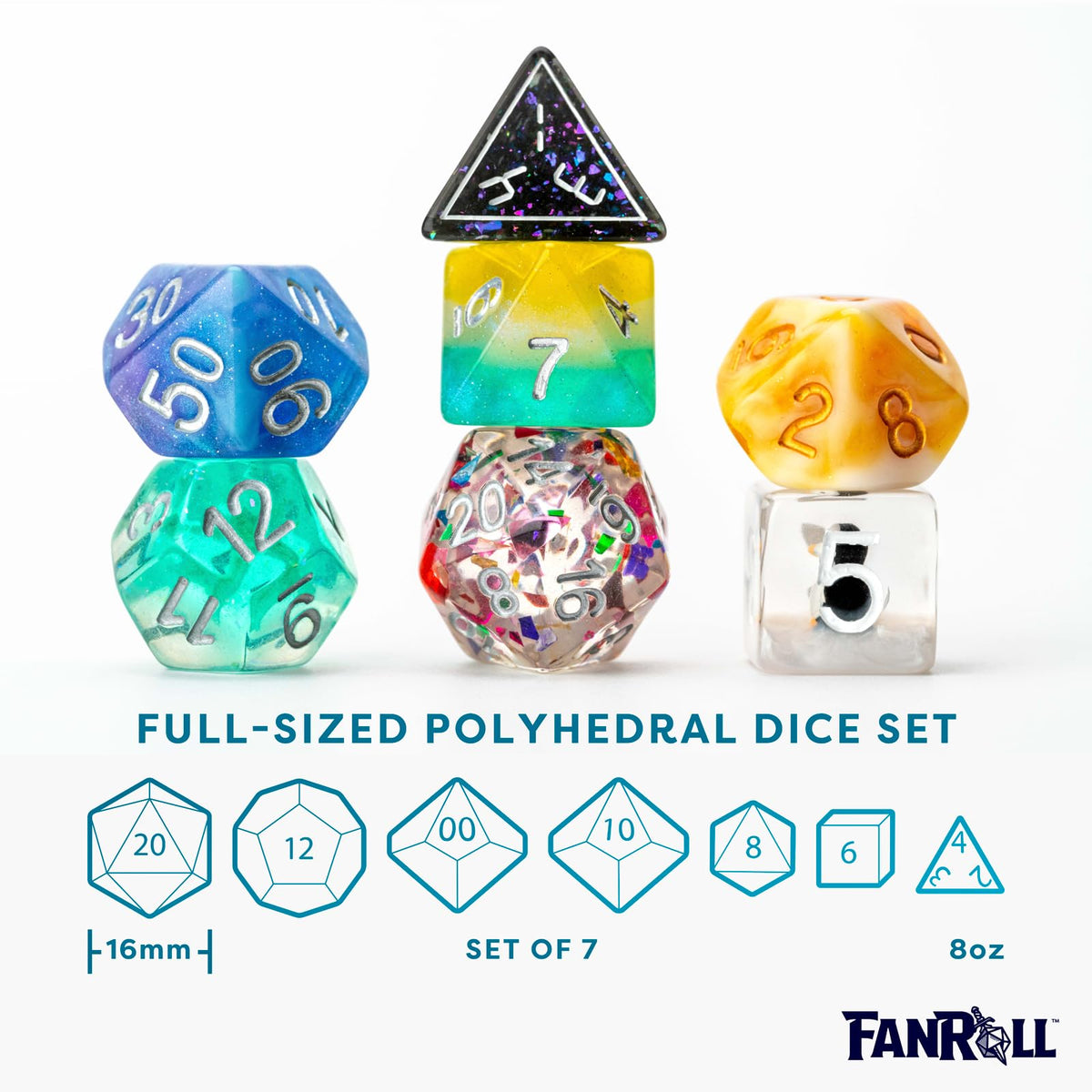 FanRoll Mystery Misfit Resin Polyhedral Dice Set, 7 Dice