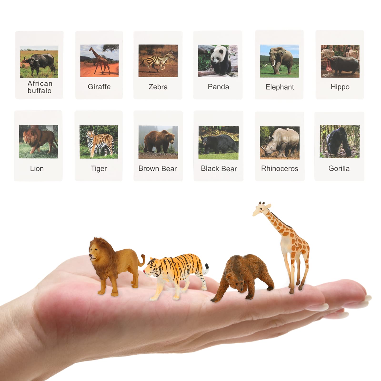 Montessori Safari Animal Matching Game, 12PCS Realistic Zoo Animal Figurines with Flash Cards, Preschool Science Educational Learning Toys