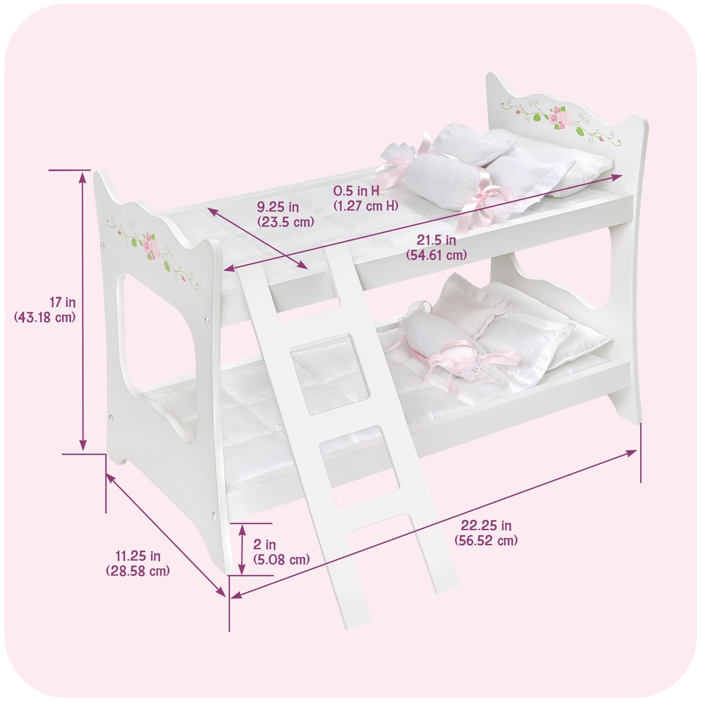 Badger Basket Doll Bunk Bed with Ladder and Bedding - Stylish White & Rose Design for 18 to 20-Inch Dolls with Pillows and Blankets