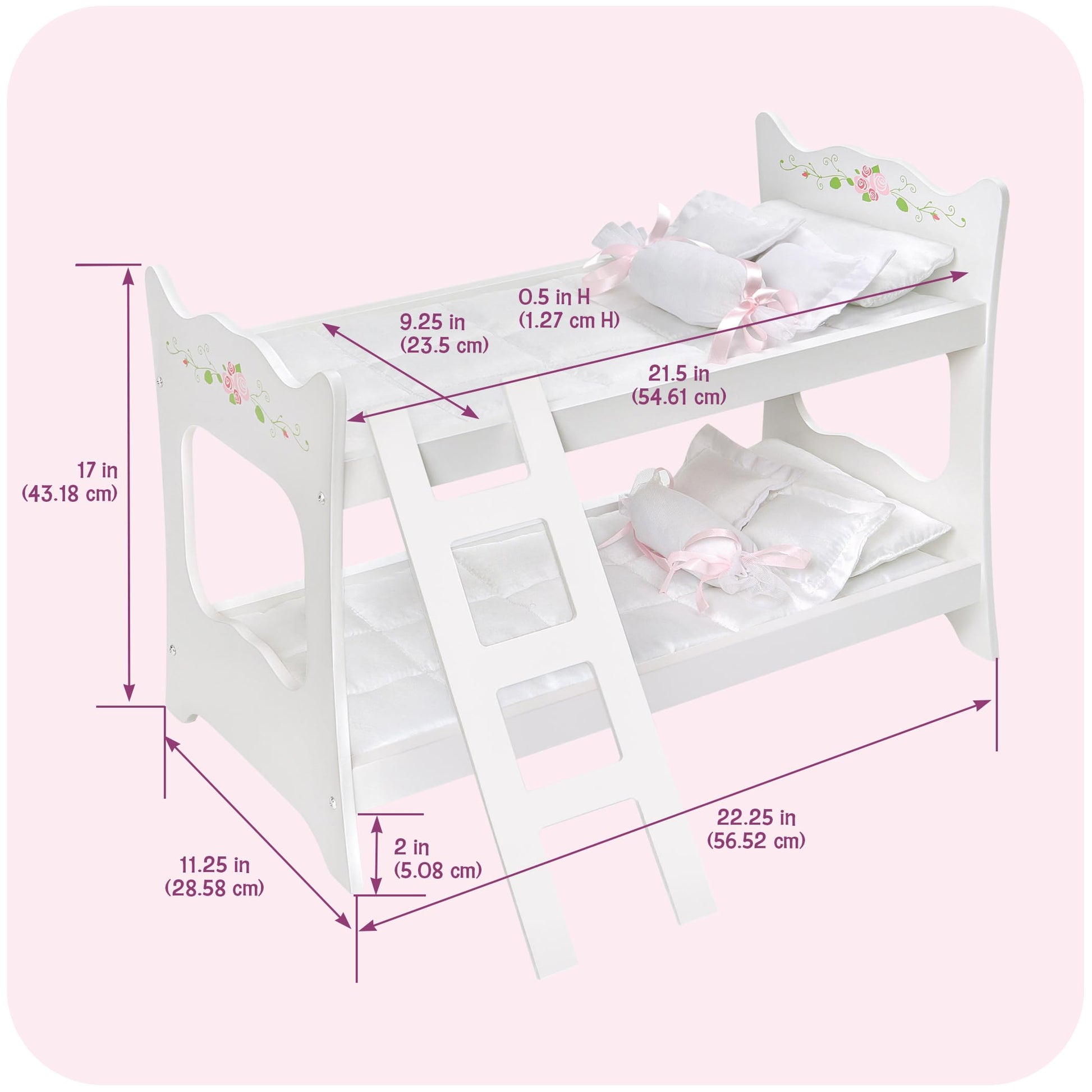 Badger Basket Doll Bunk Bed with Ladder and Bedding - Stylish White & Rose Design for 18 to 20-Inch Dolls with Pillows and Blankets