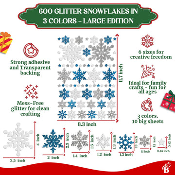 Snowflake Stickers Large Real Glitter for Christmas Envelopes and Crafts - Blue, White, Silver - Happy Holiday Cards