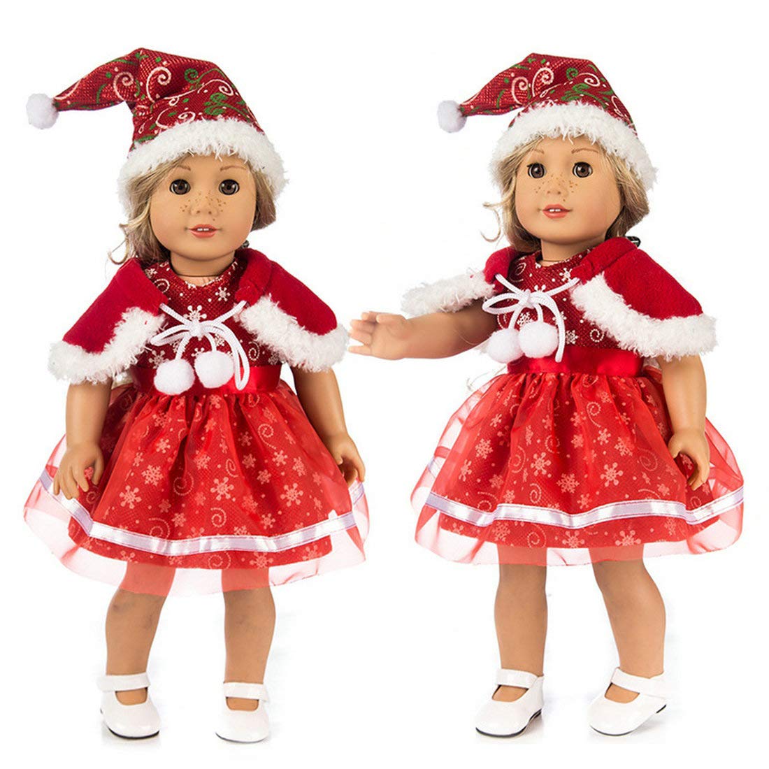 TianBo 3pc Christmas 18 Inch Doll Clothes Red Color Including Snowflake Hat Shawl Dresses Outsuits for Girl Doll and Other 18 Inch Girl Dolls
