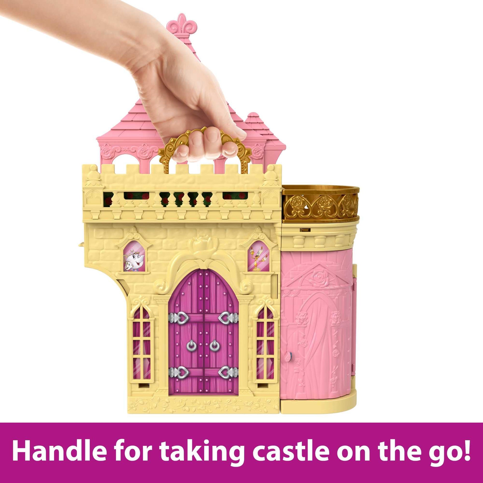 Mattel Disney Princess Belle Stackable Castle Doll House with Small Belle Doll, 4 Character Friends & 3 Accessories, Portable with Handle