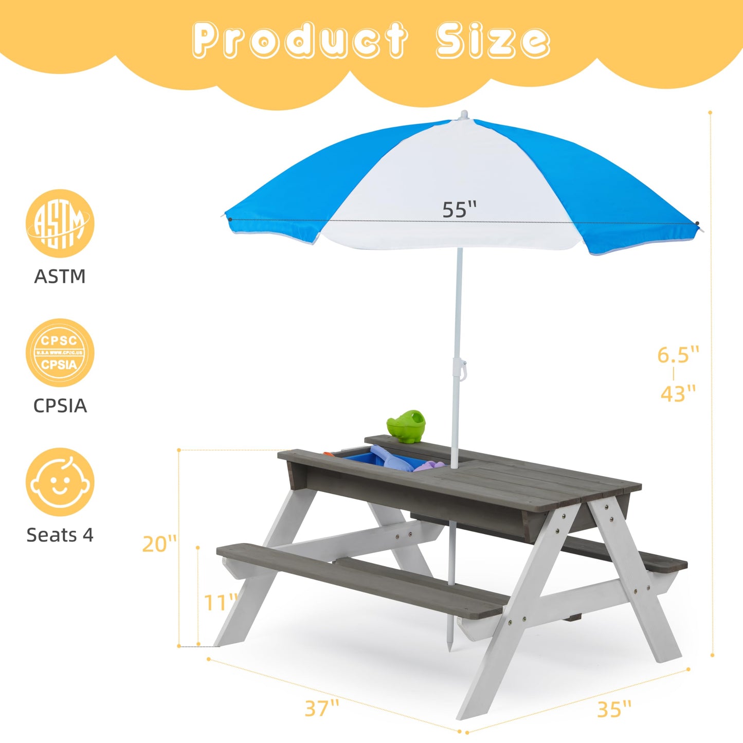 SoliWood Kids Picnic Table with Umbrella, 3-in-1 Outdoor Wooden Convertible Sand & Water Table for Toddlers, Removable Top, Seats 4