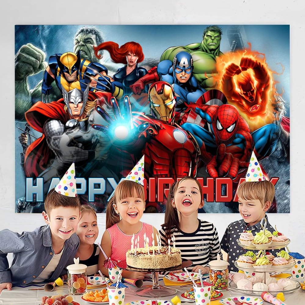 Superhero Birthday Decorations, Superhero Happy Birthday Banner Backdrop for Kids Birthday Party Supplies (5x3ft)