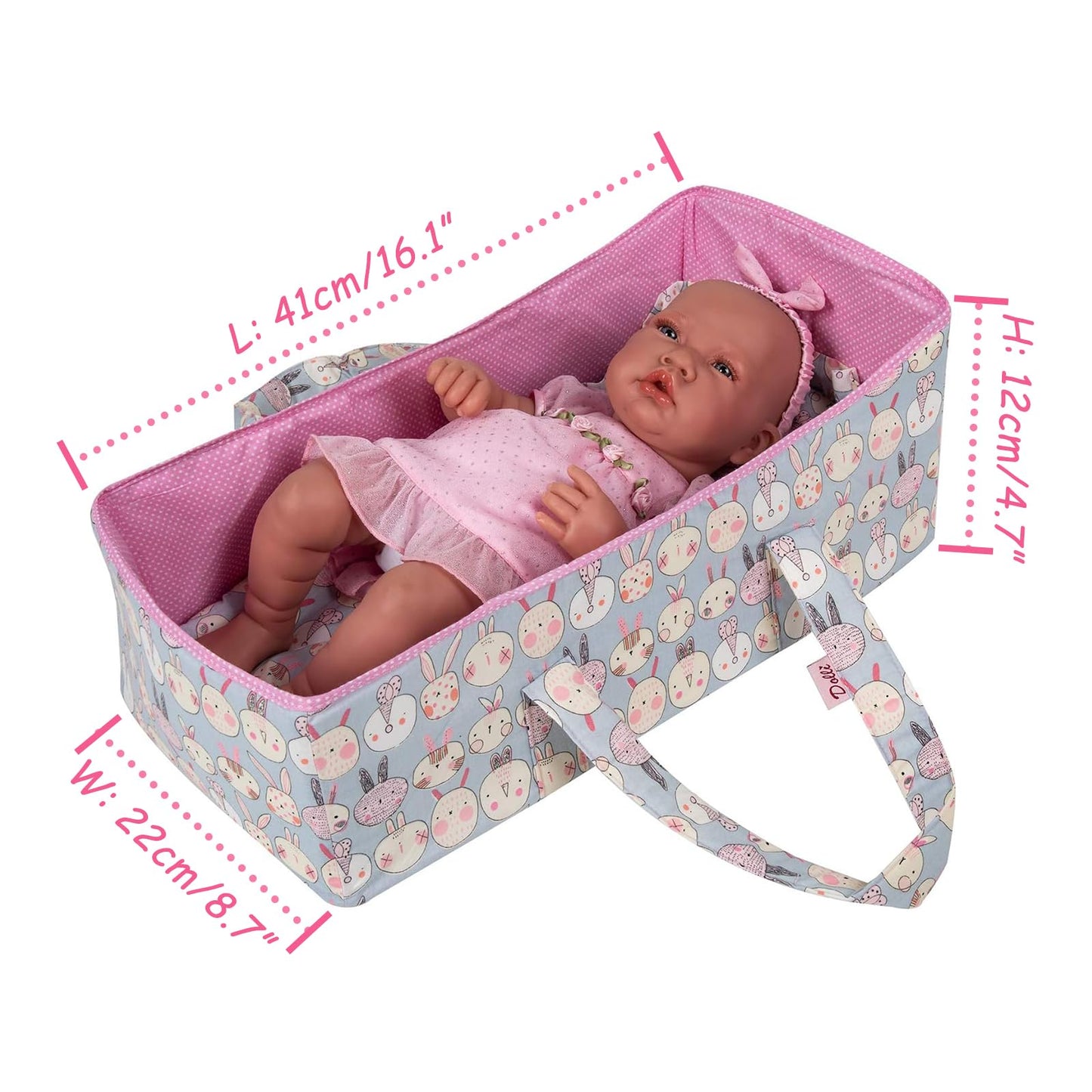 Rakki Dolli Doll Carry Cot Set, Soft 3PC Set Includes Cot, Mattress and Pillow, Blue Rabbit Doll Bassinet, Fits for 14-16 Inch American Girl Dolls