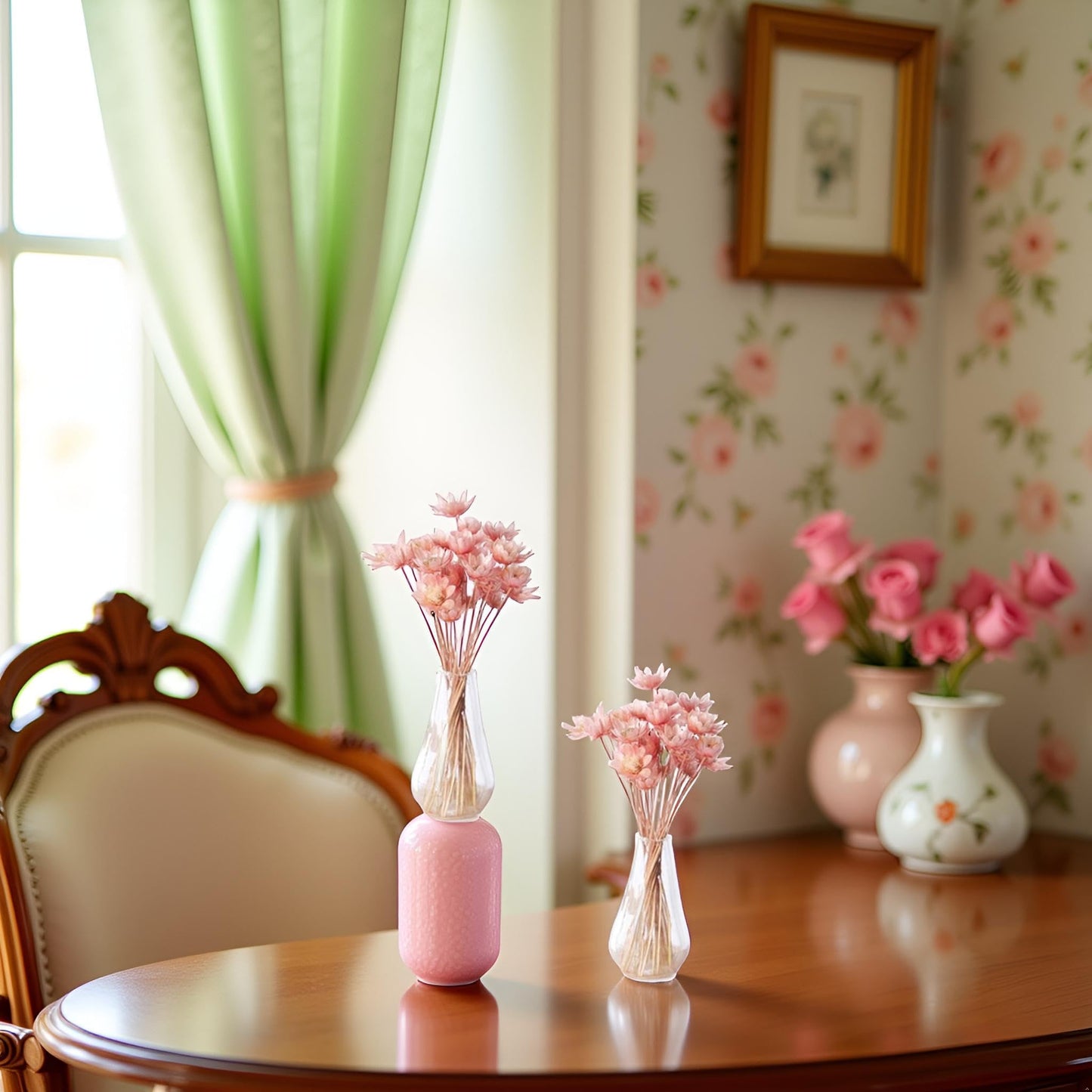 2 Pcs Pink Miniature Dollhouse Flower Vase,1/12 Scale Miniature Accessories Decor, Doll House Mini Flower Bowl Elegant Decoration for Mini Scene,Mini