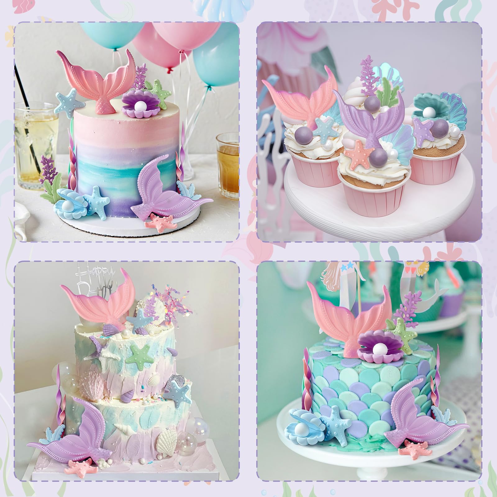 21pcs Mermaid Cake Topper - Mermaid Tail Cake Decorations with Seaweed Shells Starfish Coralal Under the Sea Cake Decorations for Birthday Party