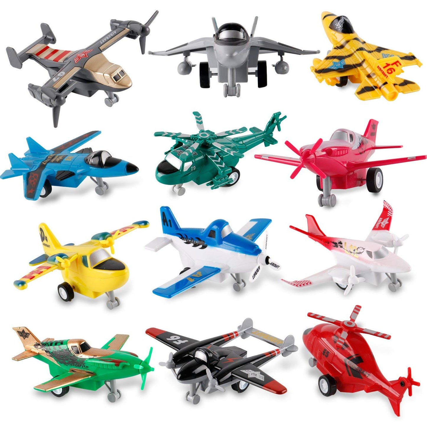 Liberty Imports Pull Back Airplanes Toys Vehicle Playset, Variety Pack of Helicopters, Stealth Bombers, Fighter Jets, Aircraft, Planes for Kids