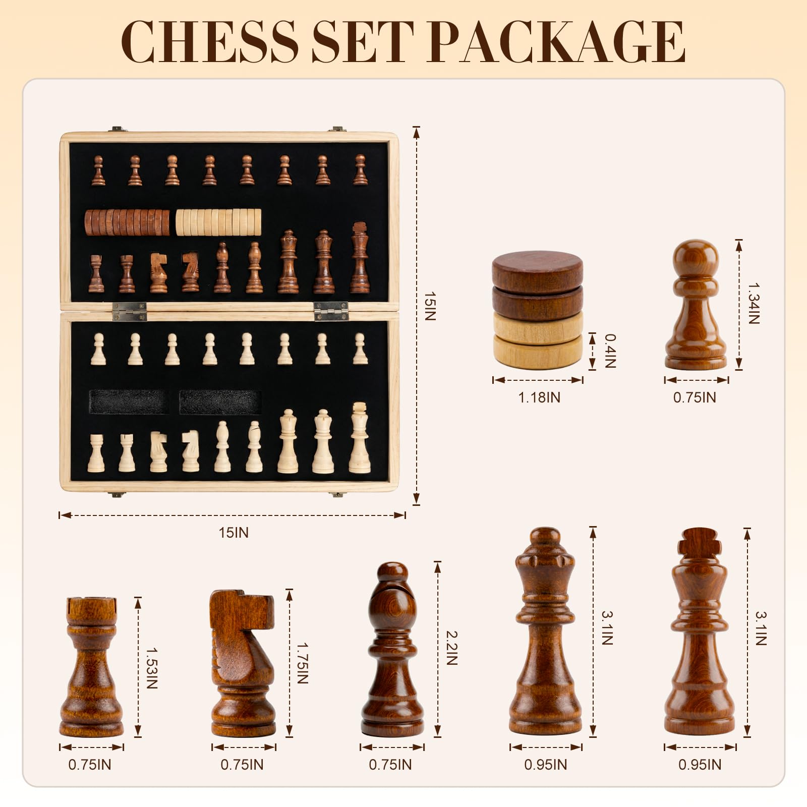 Tobaisaa 15 Inch Natural Wood 2 in 1 Magnetic Chess & Checkers Set